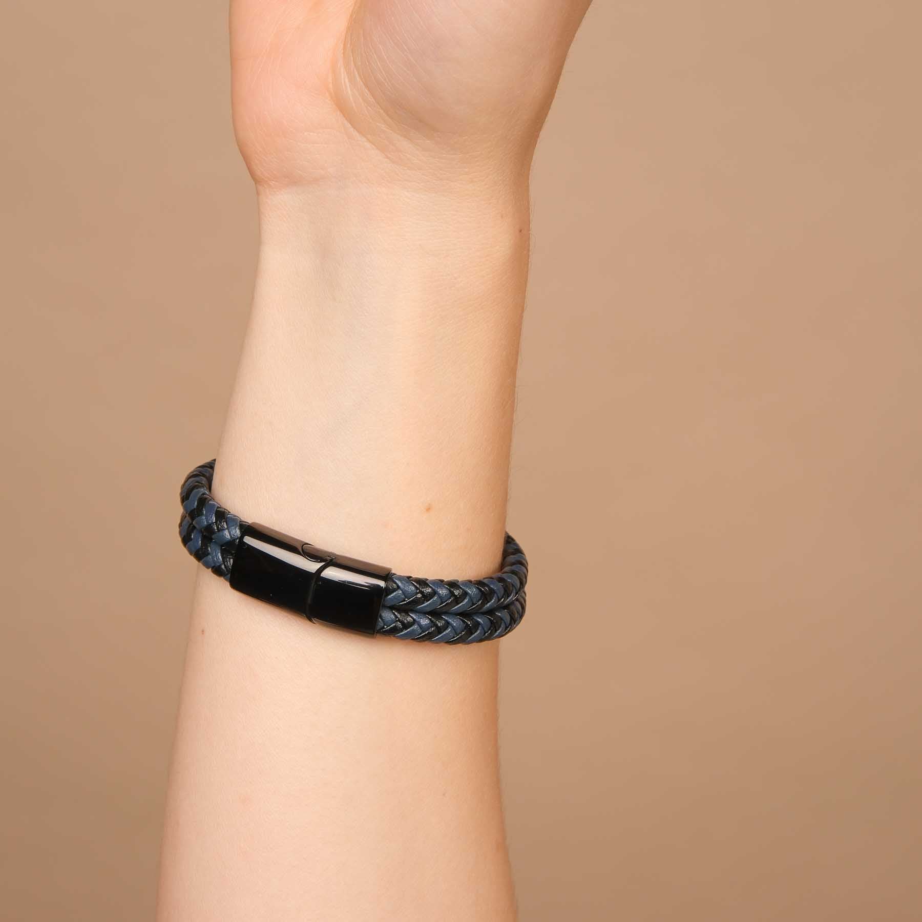 Bracciale in pelle a doppio intreccio grigio-nero
