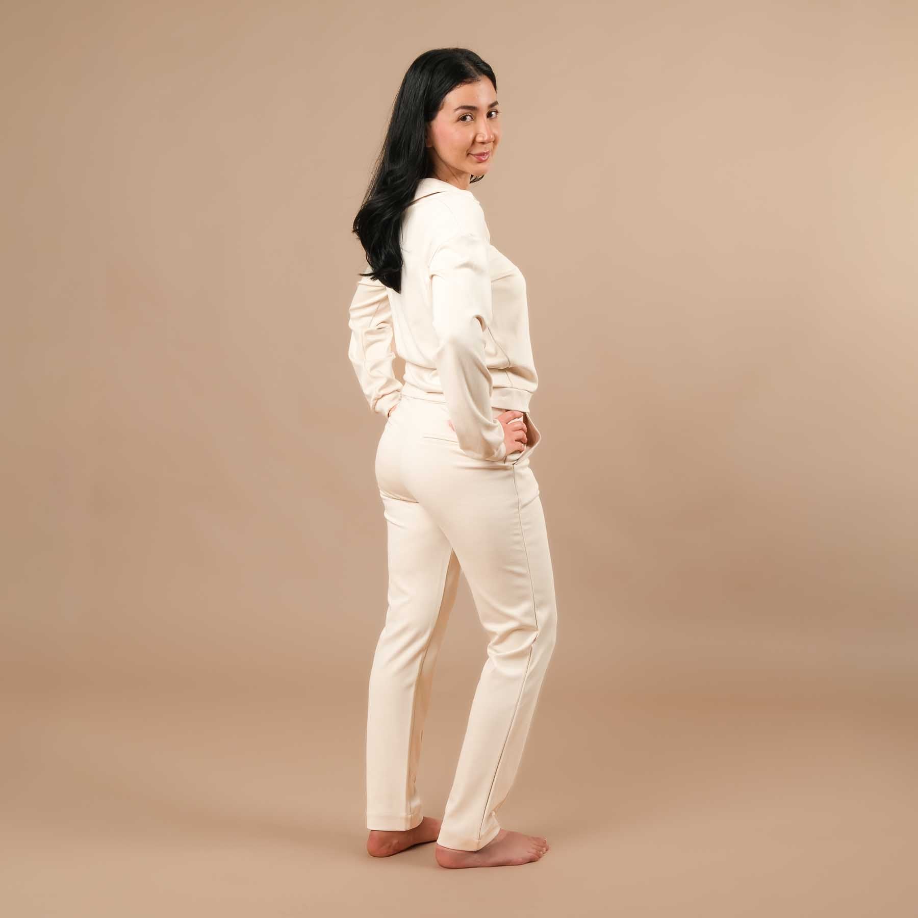 Pantaloni business jogger da donna - pantaloni business elasticizzati con piping ecru