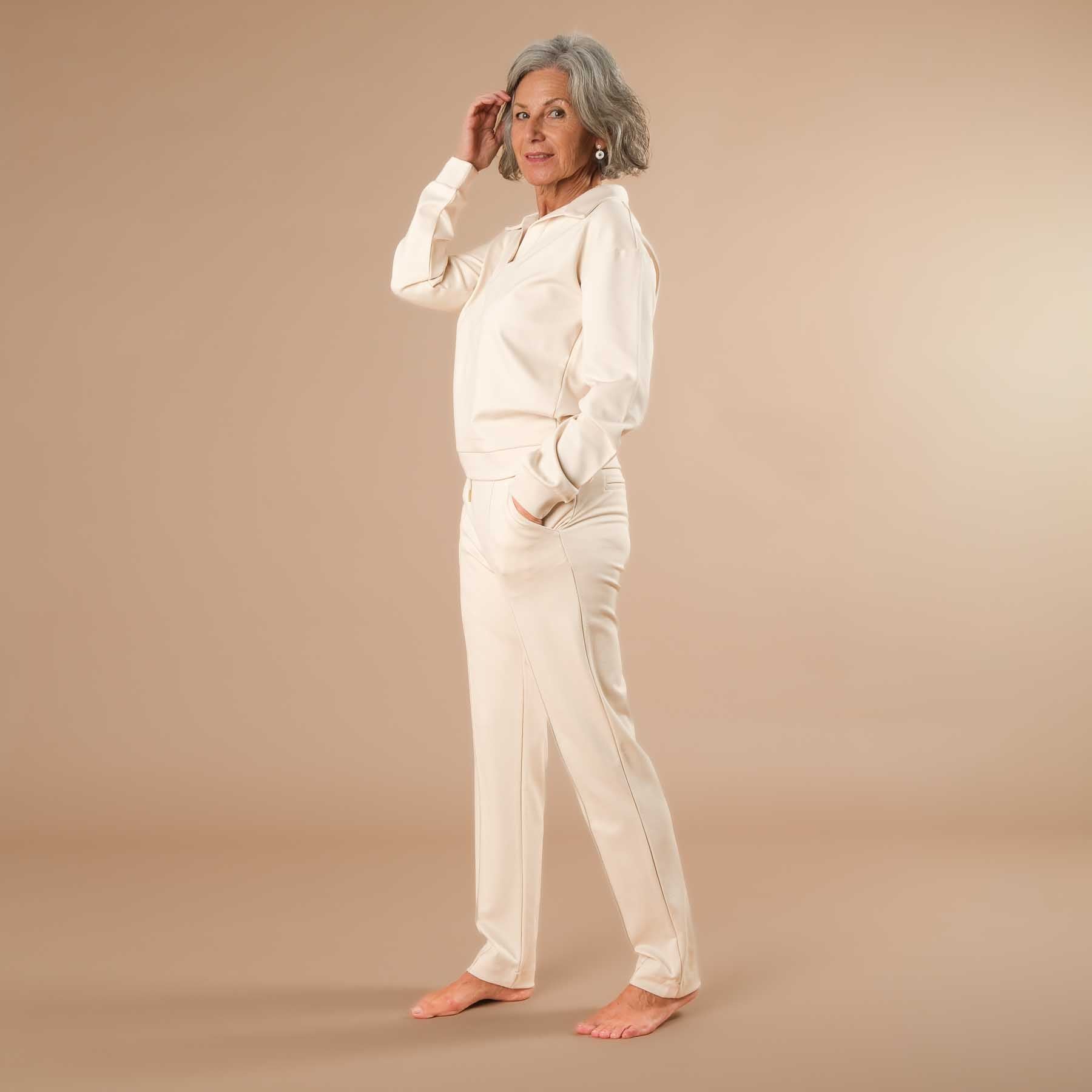 Pantaloni business jogger da donna - pantaloni business elasticizzati con piping ecru