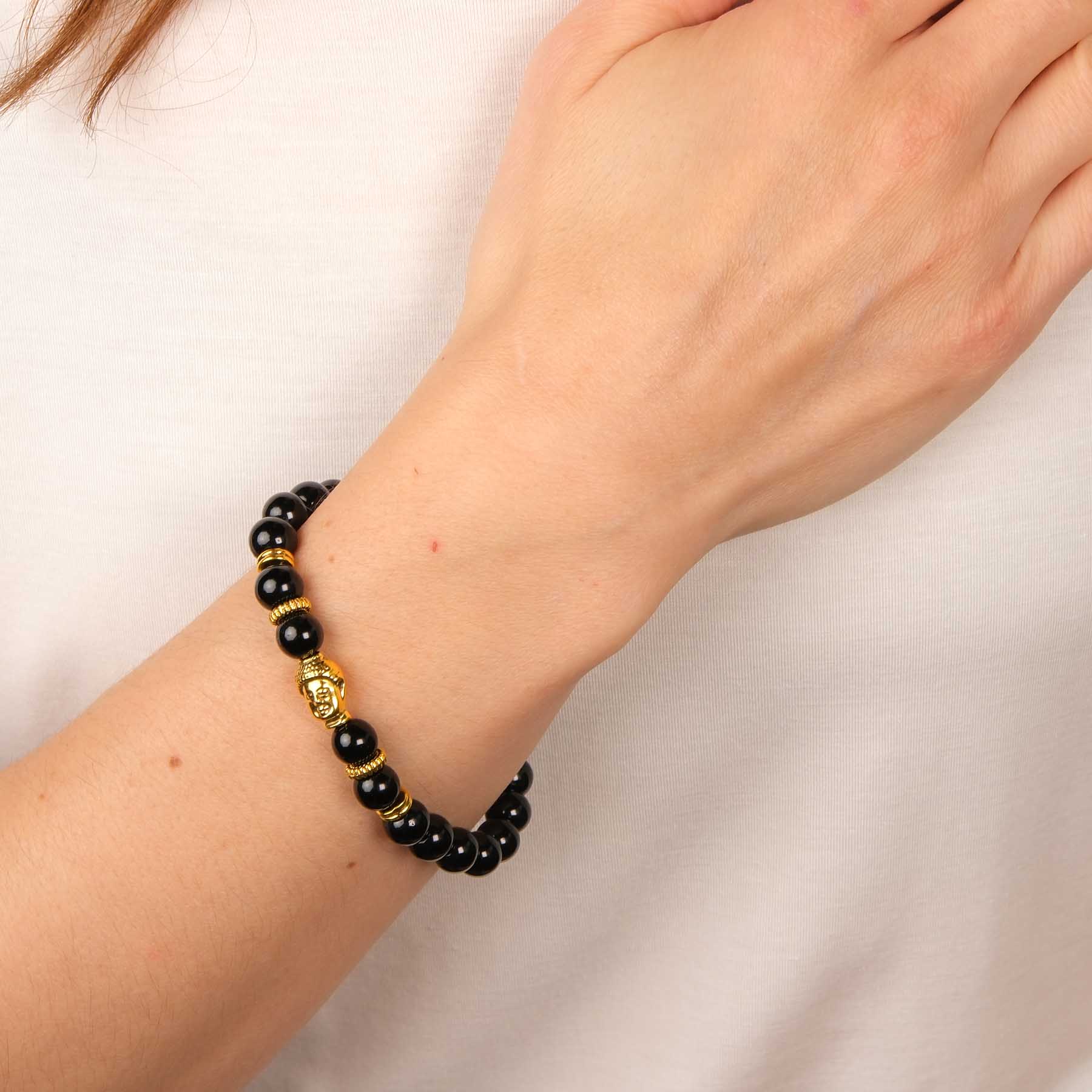 Bracciale di pietre preziose Buddha d'oro Agata nera