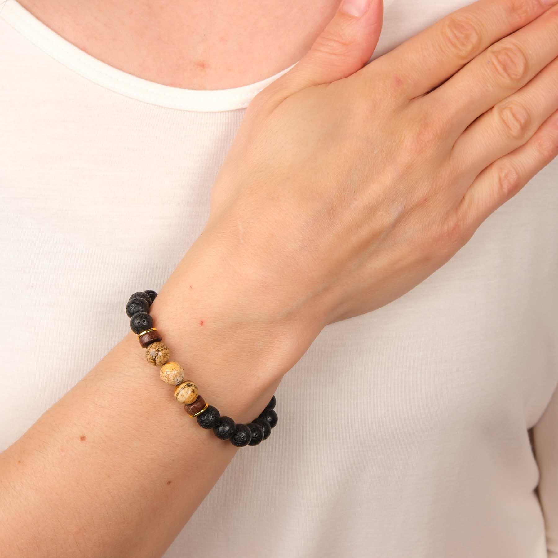 Bracciale di pietre dure Stability con pietra lavica, diaspro paesaggistico e legno