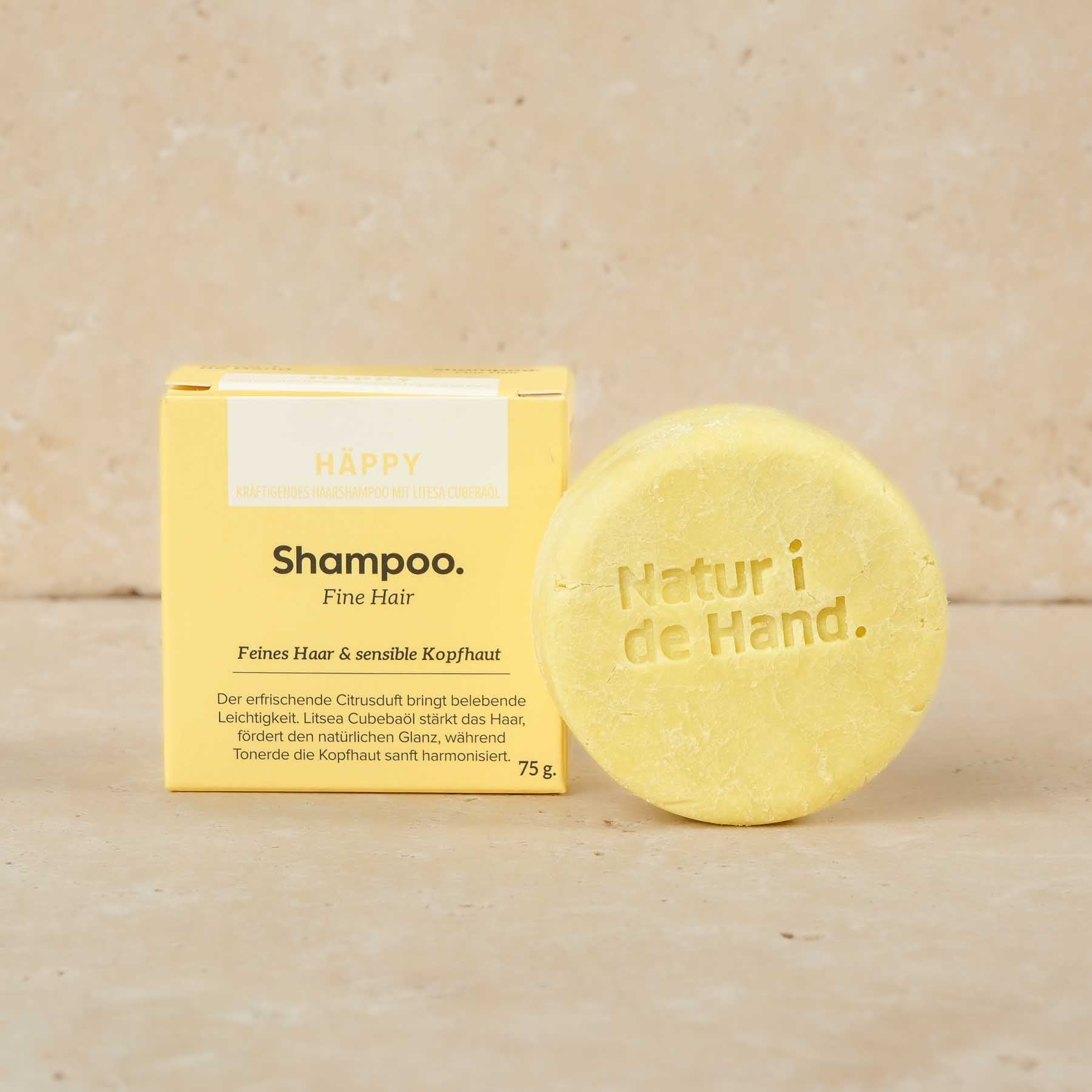 Sapone per capelli Häppy, shampoo solido, prodotto in Svizzera in modo sostenibile, cosmetici naturali certificati