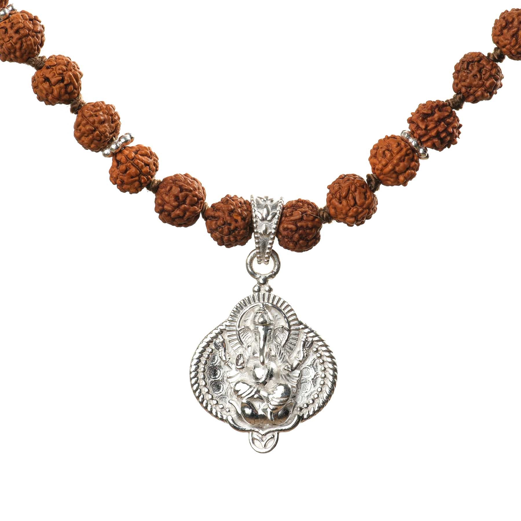 Collana Mala Ganesh con perline Rudraksha argento