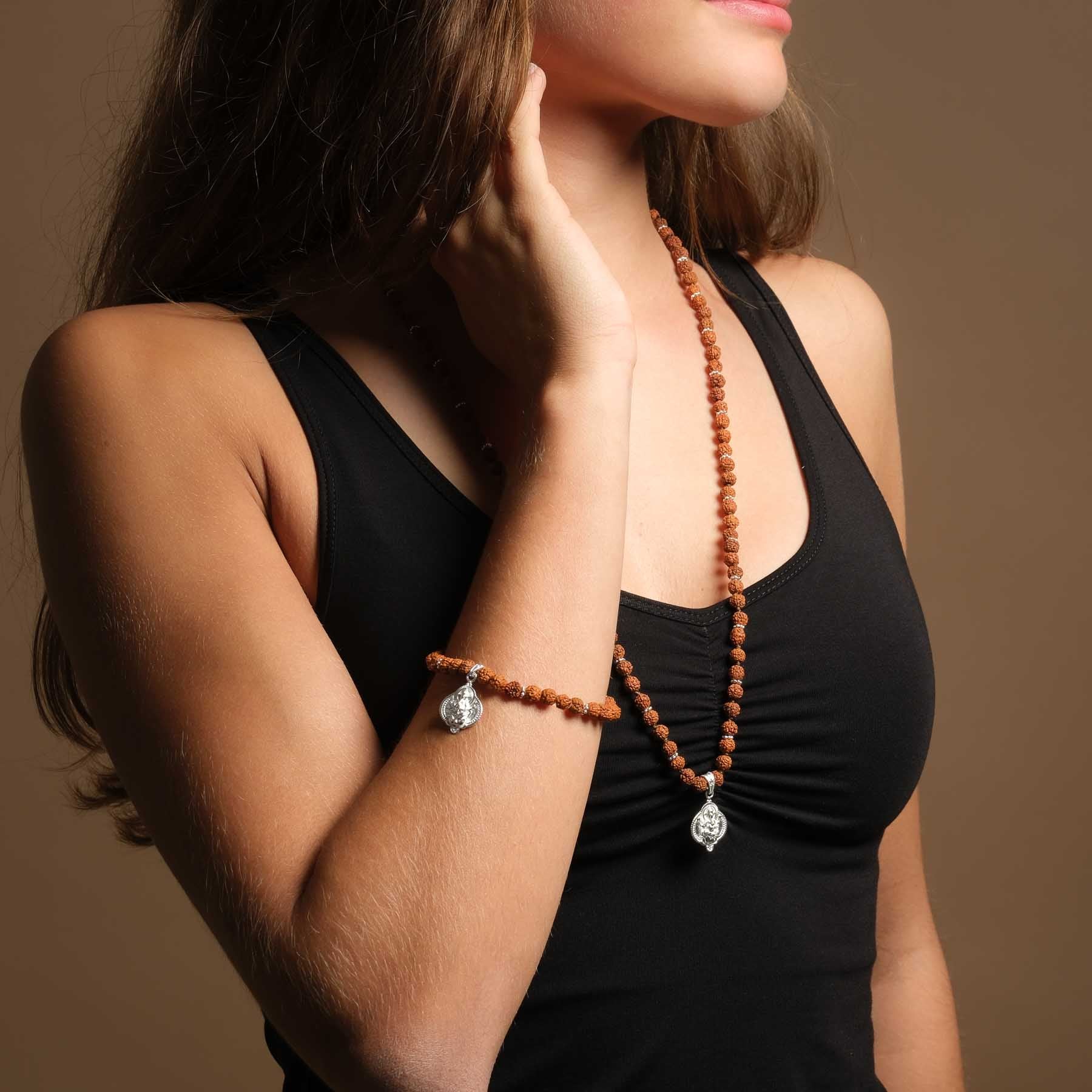 Collana Mala Ganesh con perline Rudraksha argento