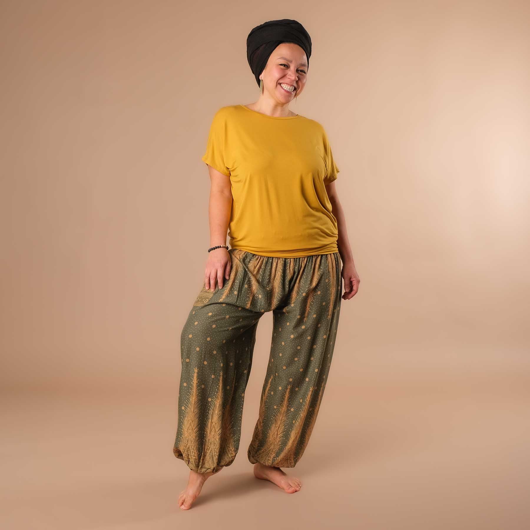 Pantaloni harem, pantaloni harem per lo yoga e il tempo libero oliva boema
