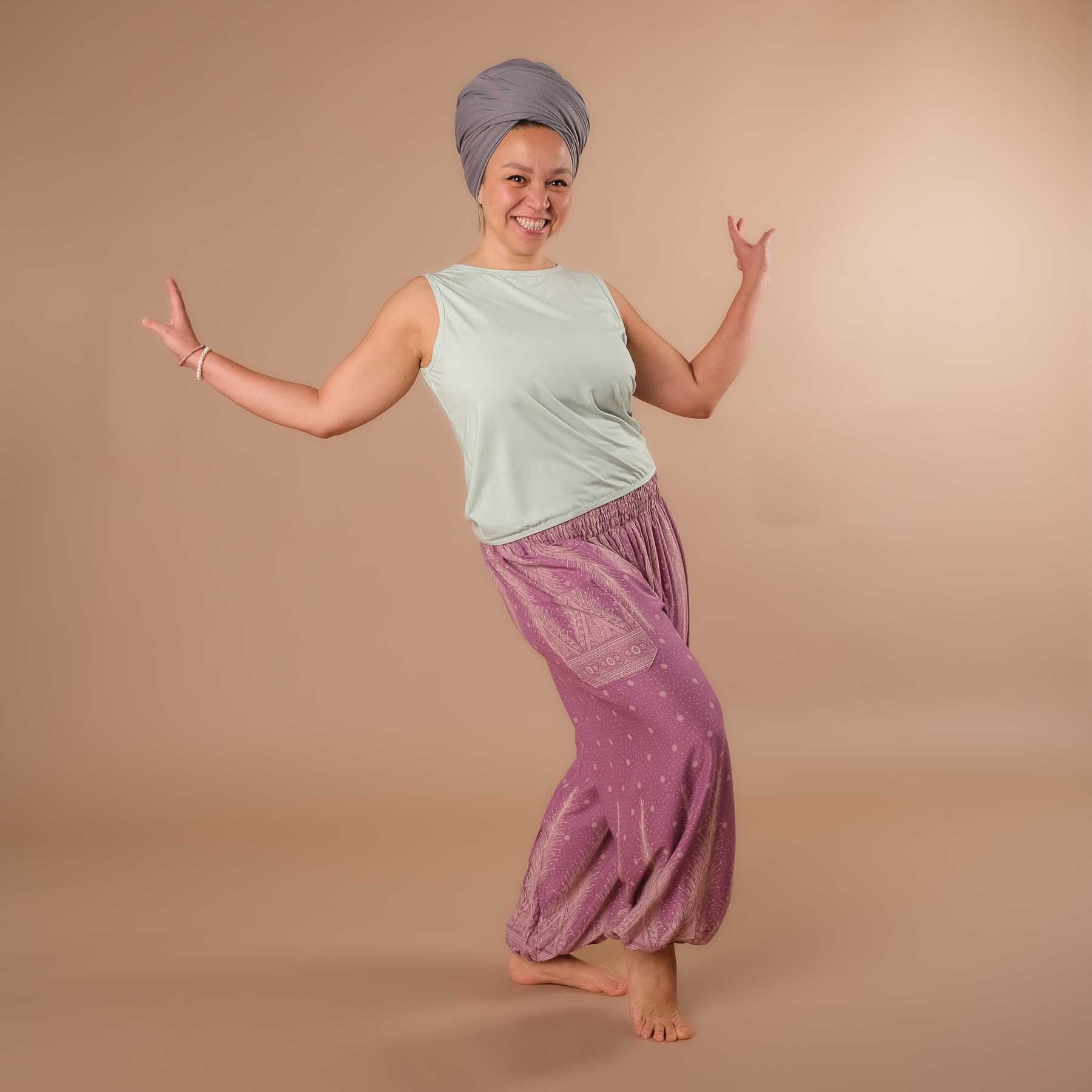 Pantaloni harem, pantaloni harem per lo yoga e il tempo libero viola boemo