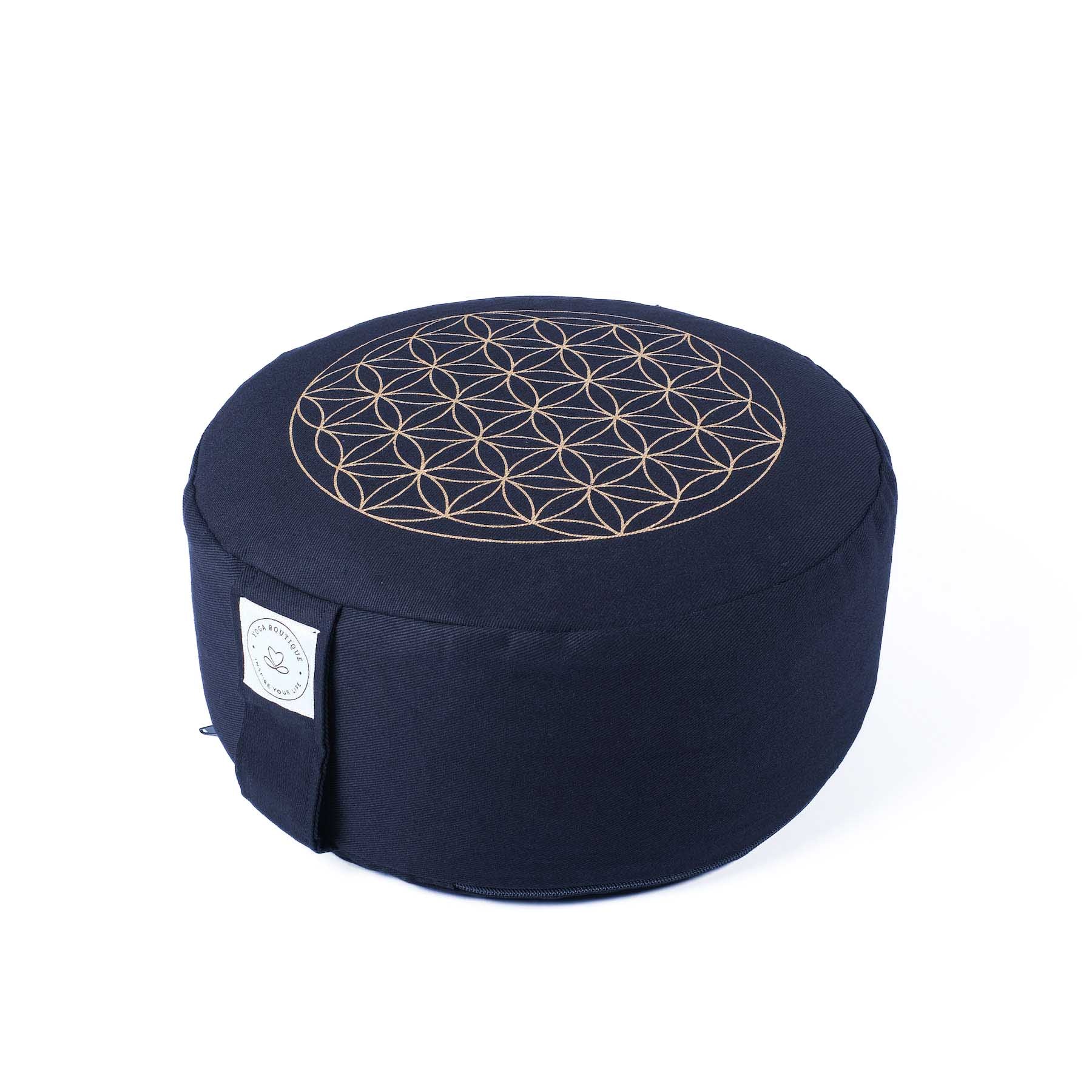 Cuscino da meditazione rotondo Fiore della vita stampa oro navy