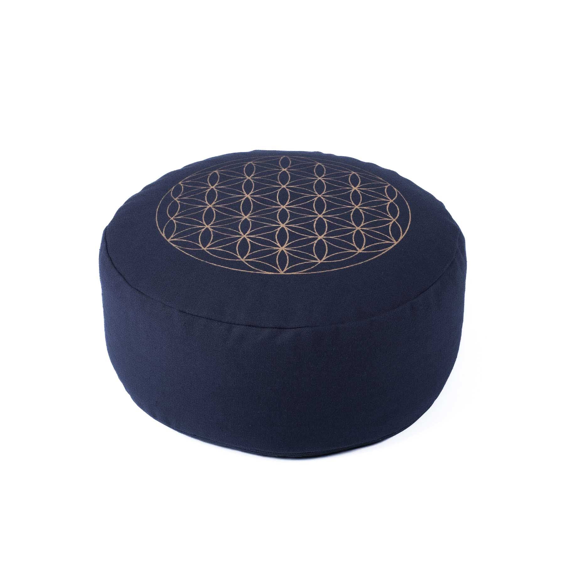 Cuscino da meditazione rotondo Fiore della vita stampa oro navy