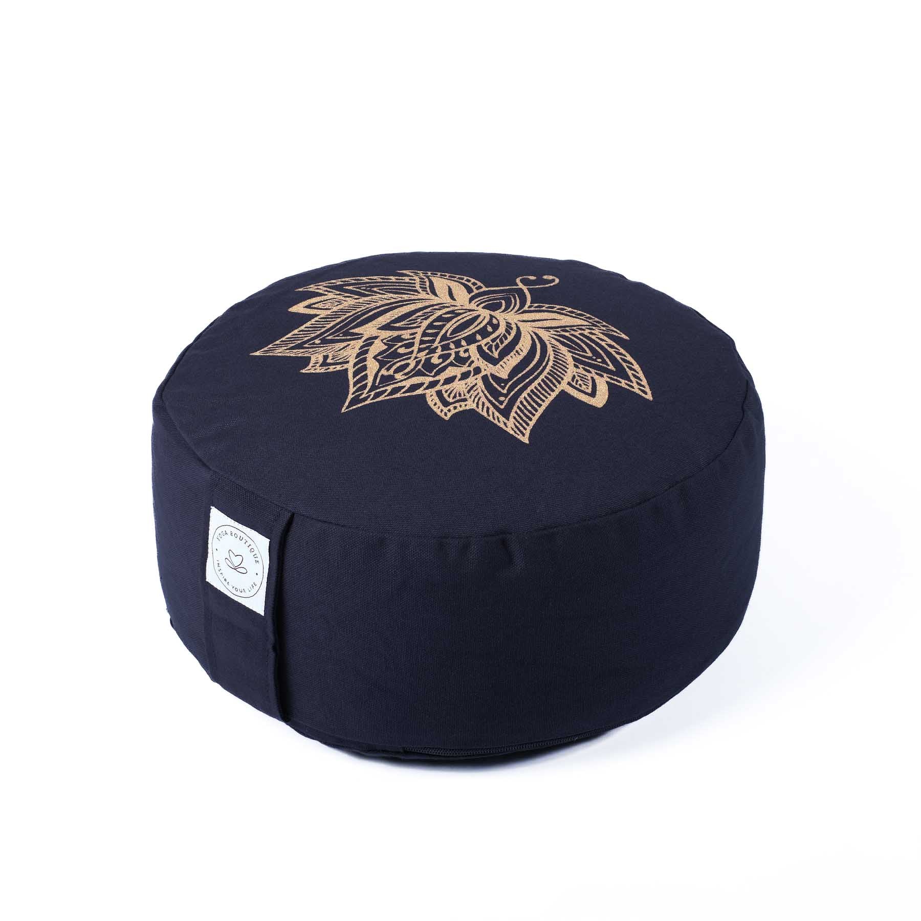 Cuscino da meditazione rotondo con stampa oro Lotus Blu Navy