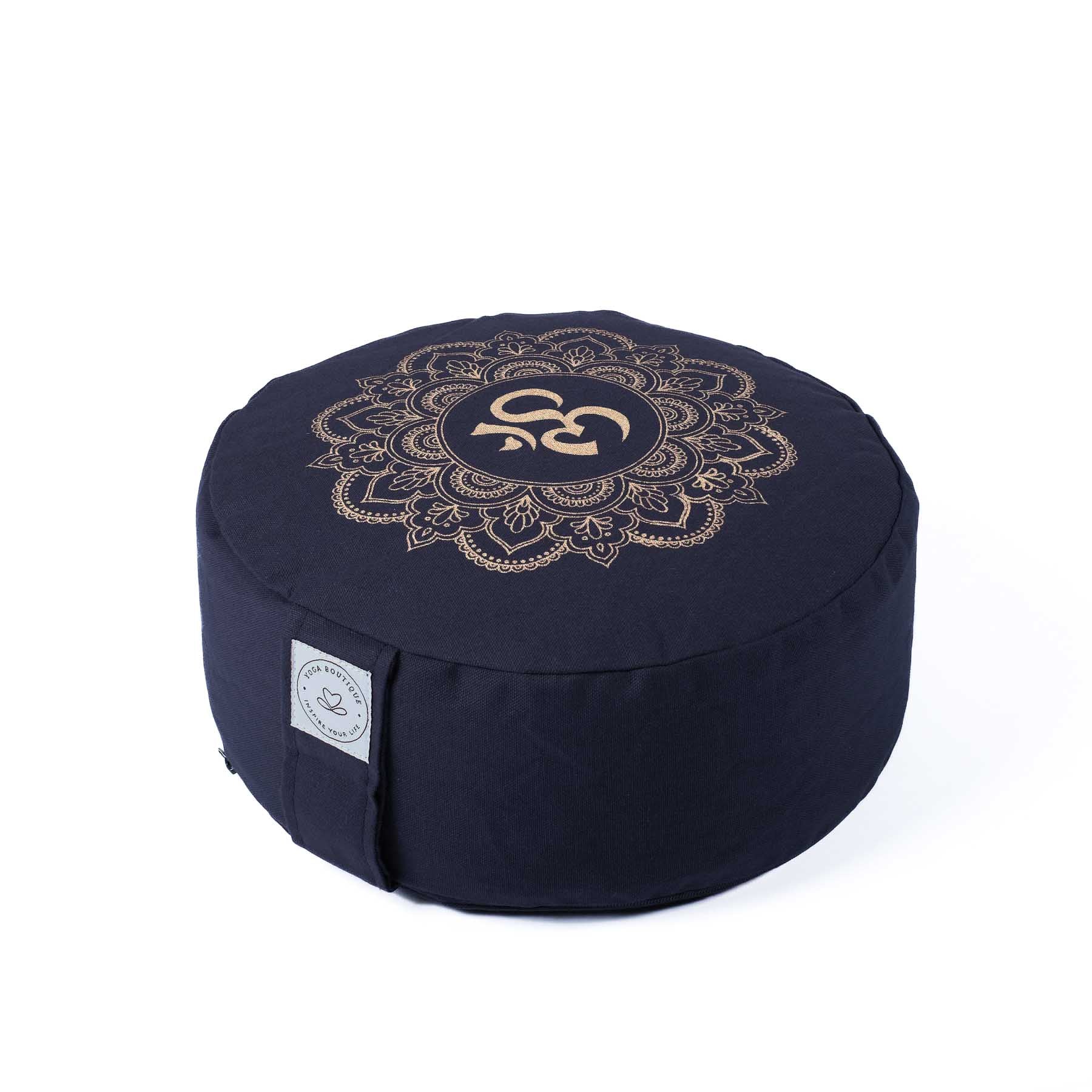 Cuscino da meditazione rotondo Mandala OM stampa oro blu navy