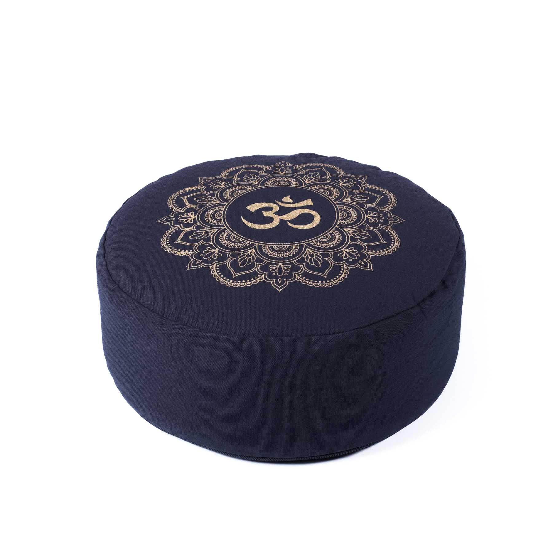 Cuscino da meditazione rotondo Mandala OM stampa oro blu navy