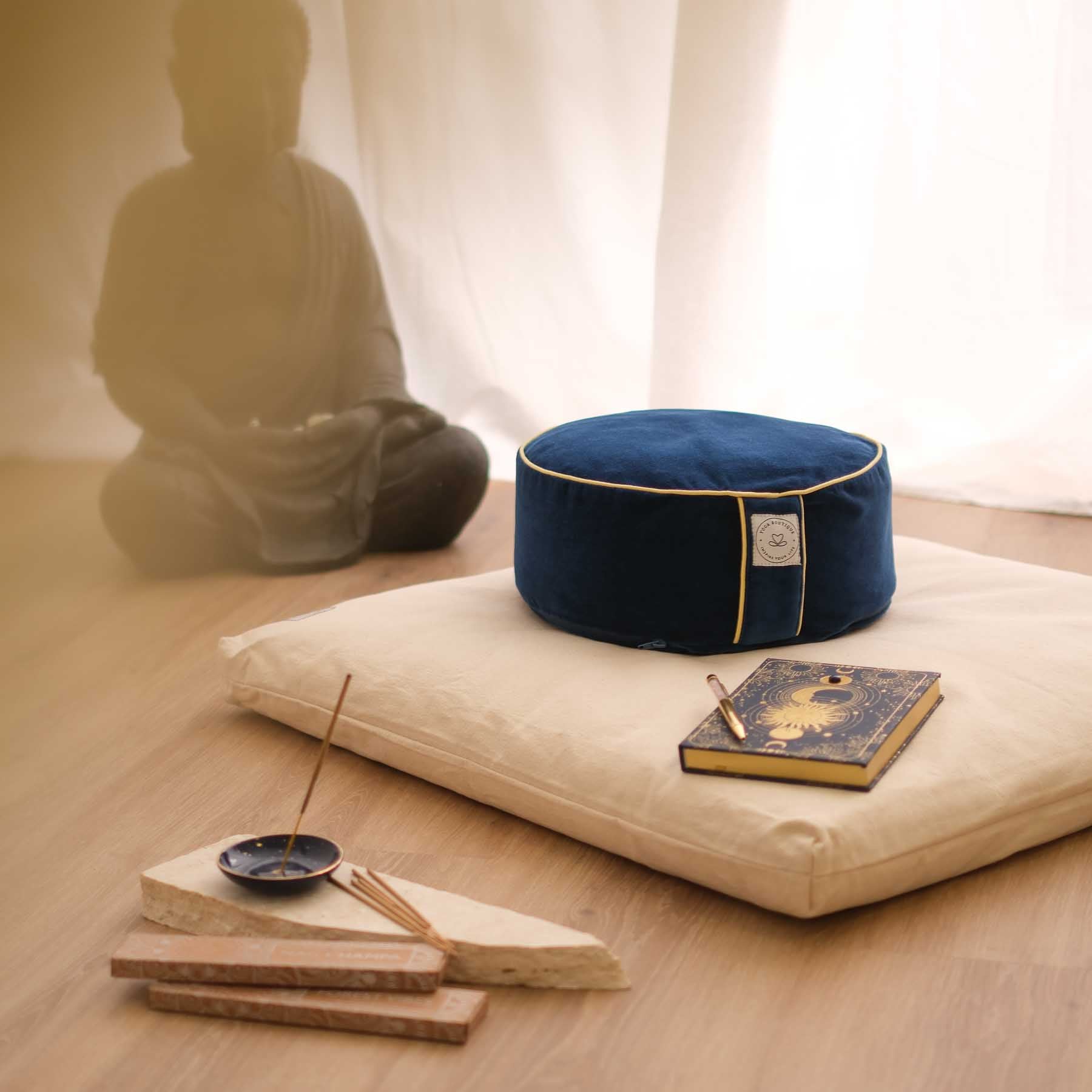 Cuscino da meditazione in velluto rotondo blu uni