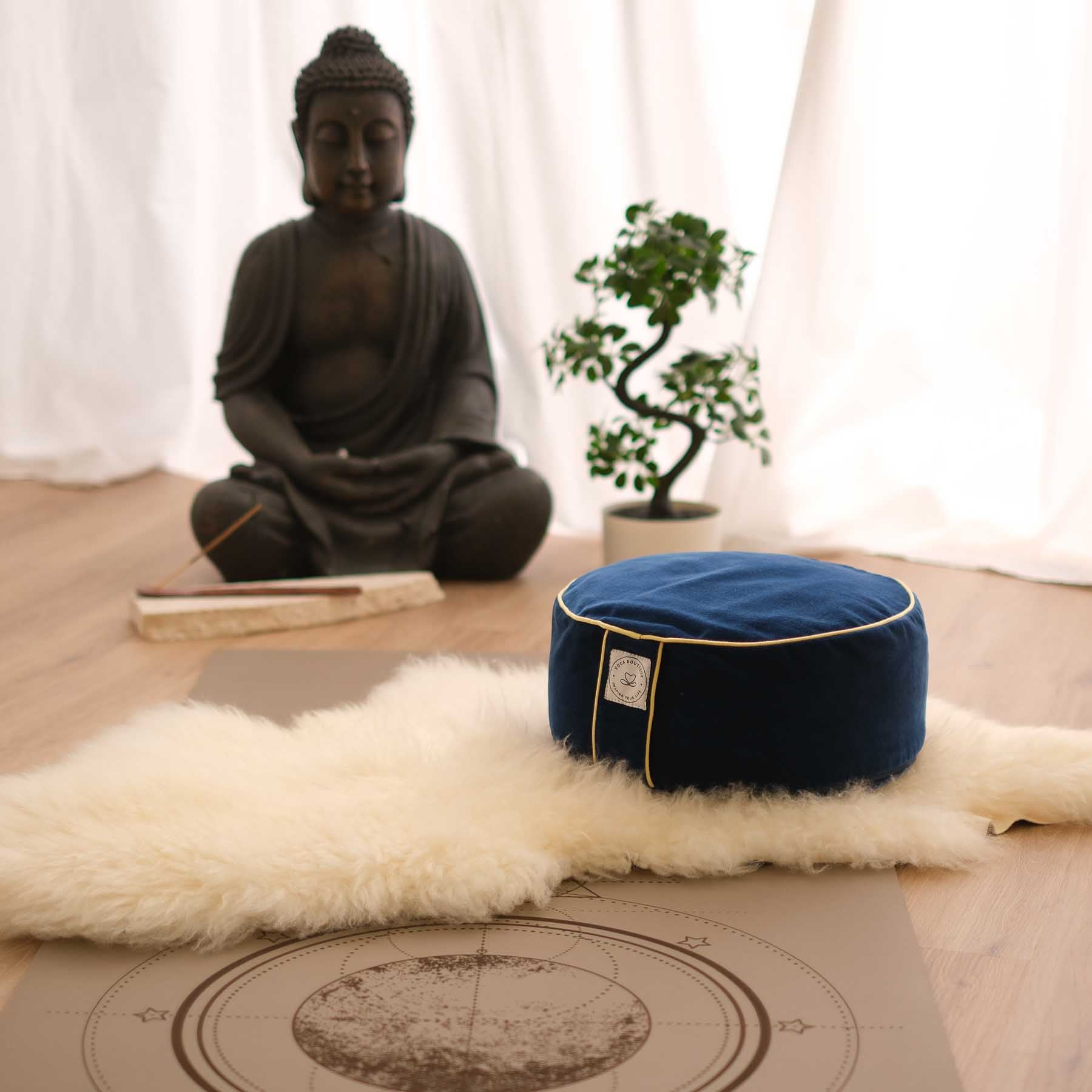 Cuscino da meditazione in velluto rotondo blu uni