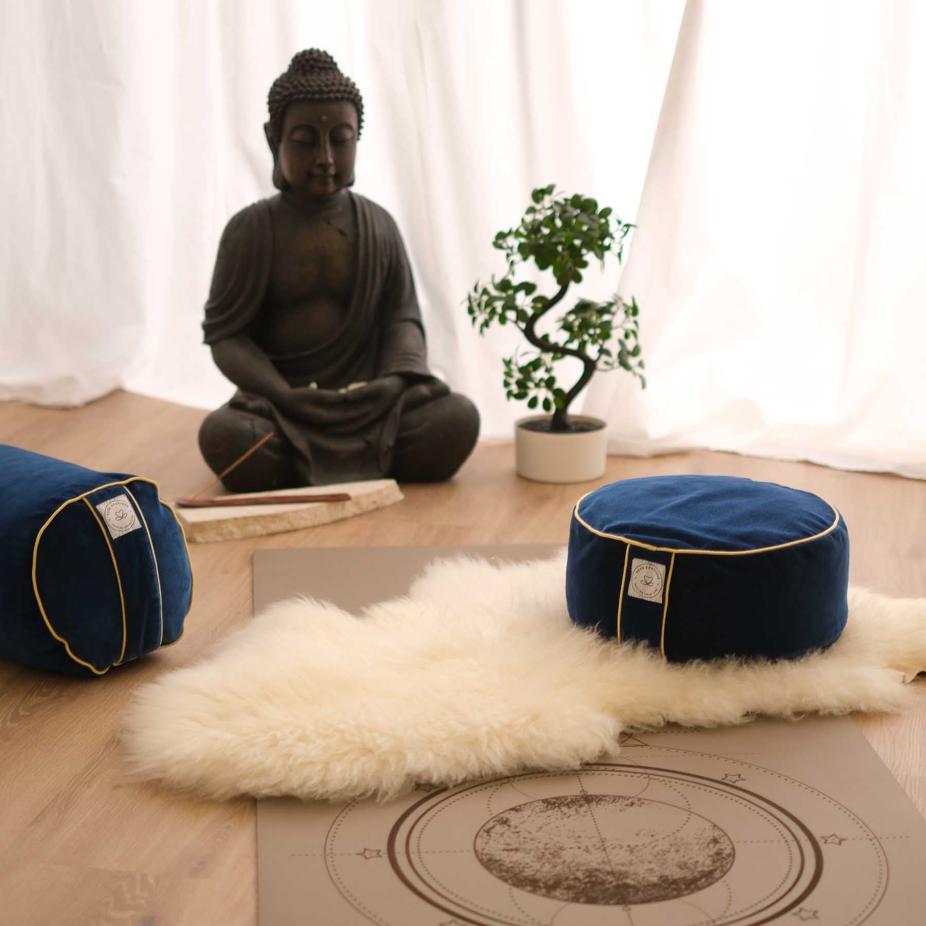 Cuscino da meditazione in velluto rotondo blu uni