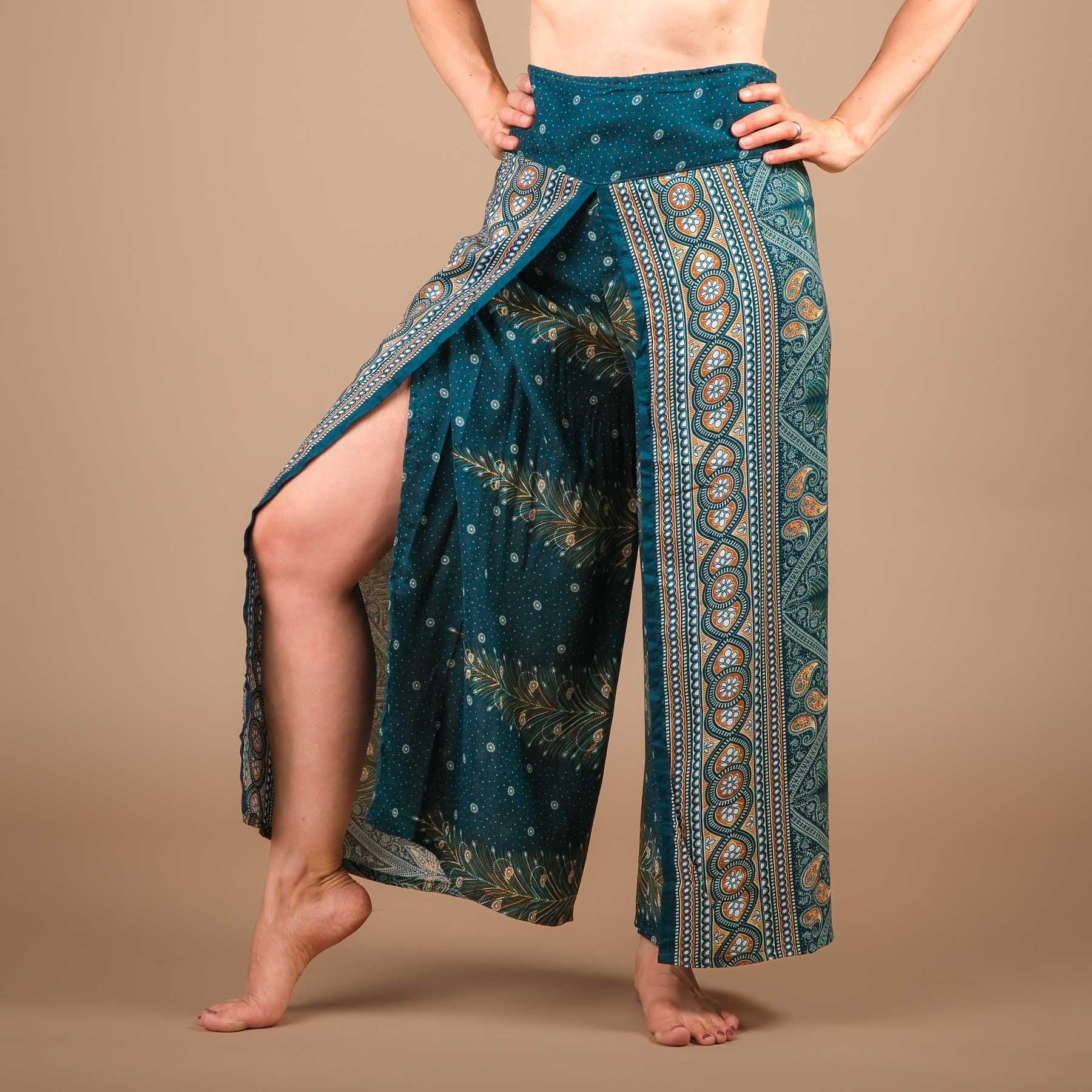 Pantaloni palazzo Marlene Feather con spacco turchese