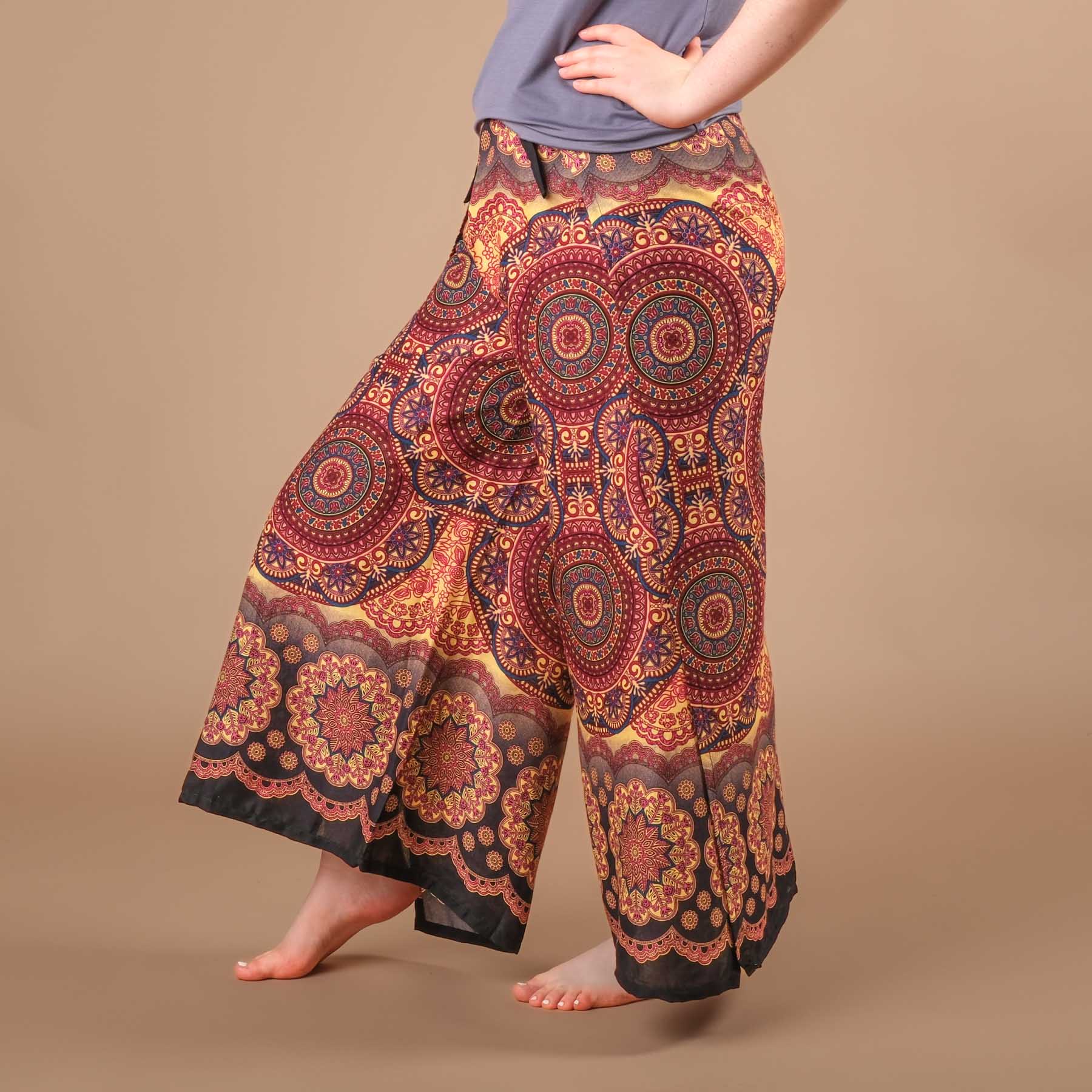 Palazzo Wrap Pantaloni Mandala berry tessuto leggero arioso