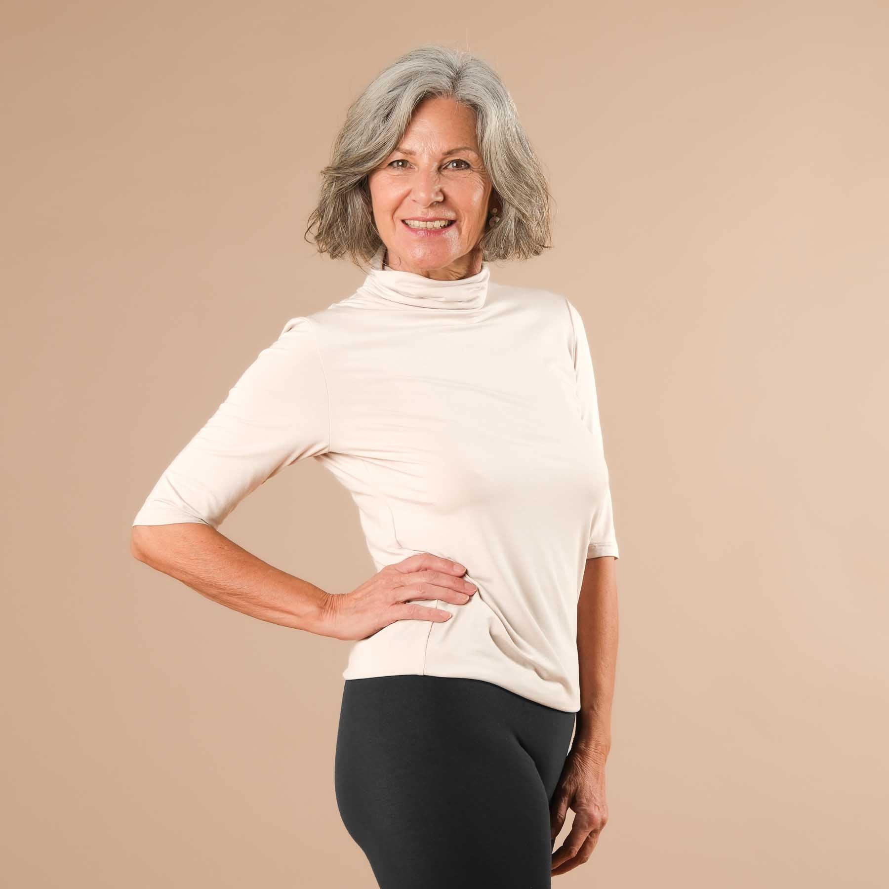 Camicia yoga collo alto manica corta sabbia