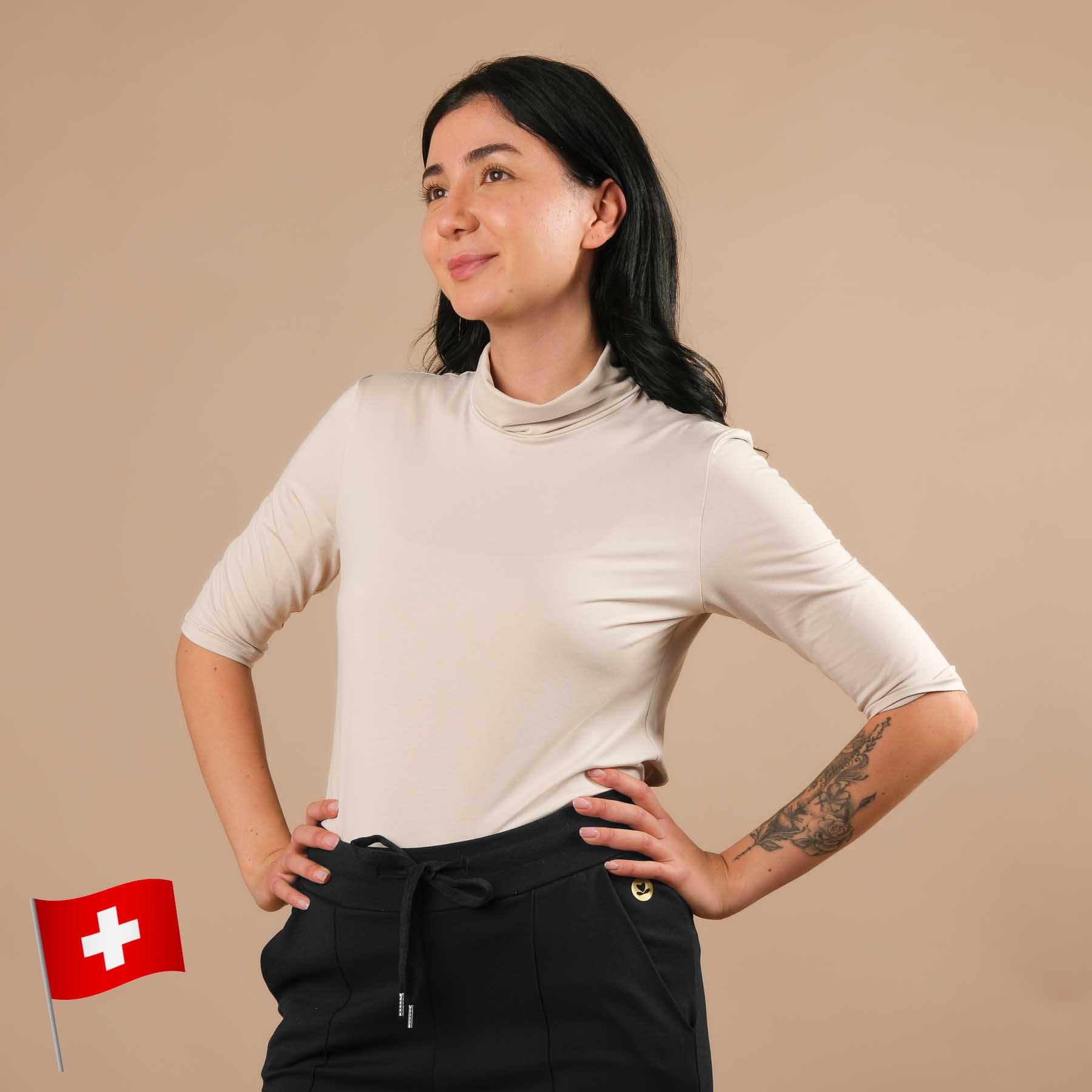 Camicia yoga collo alto manica corta sabbia