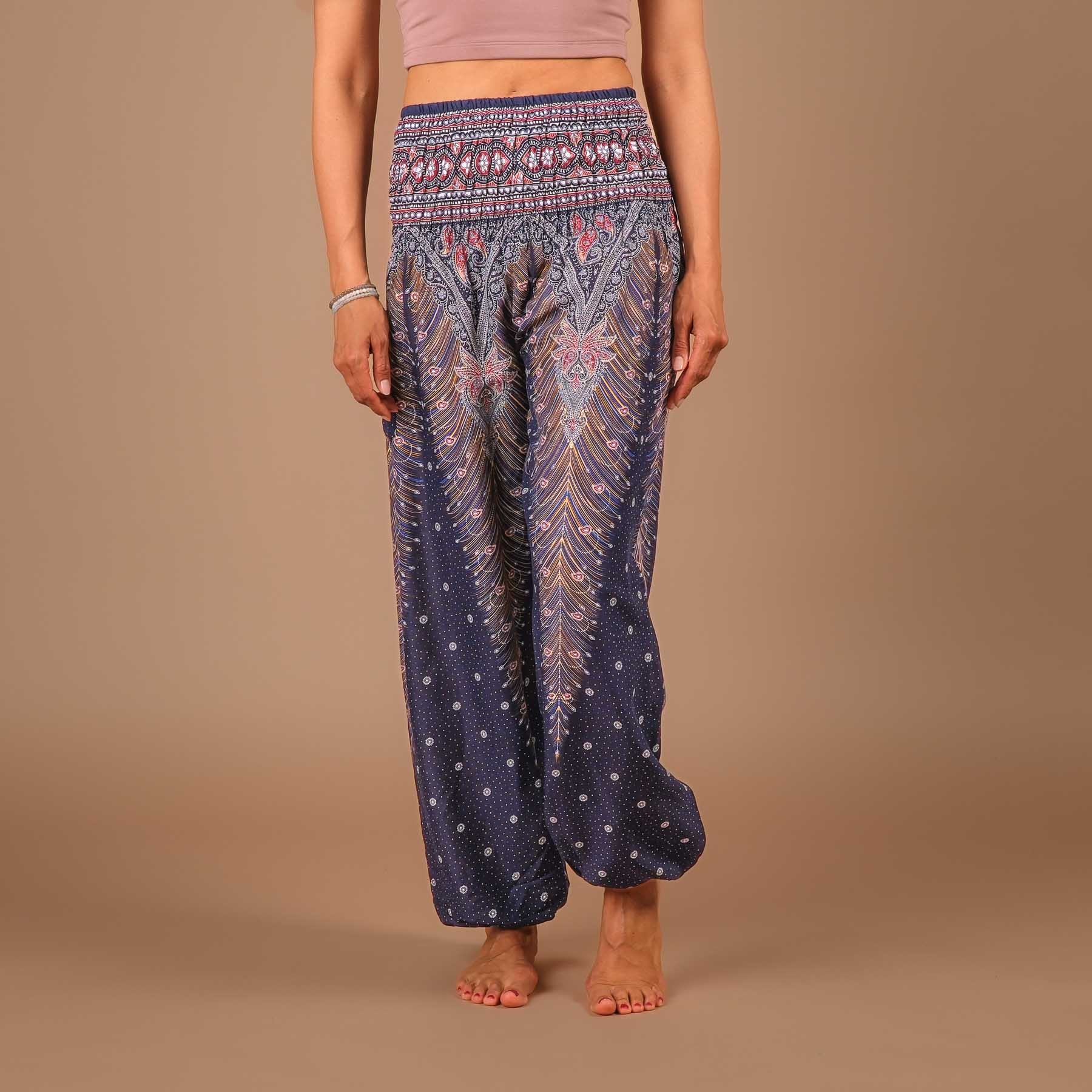 Pantaloni harem yoga blu piuma