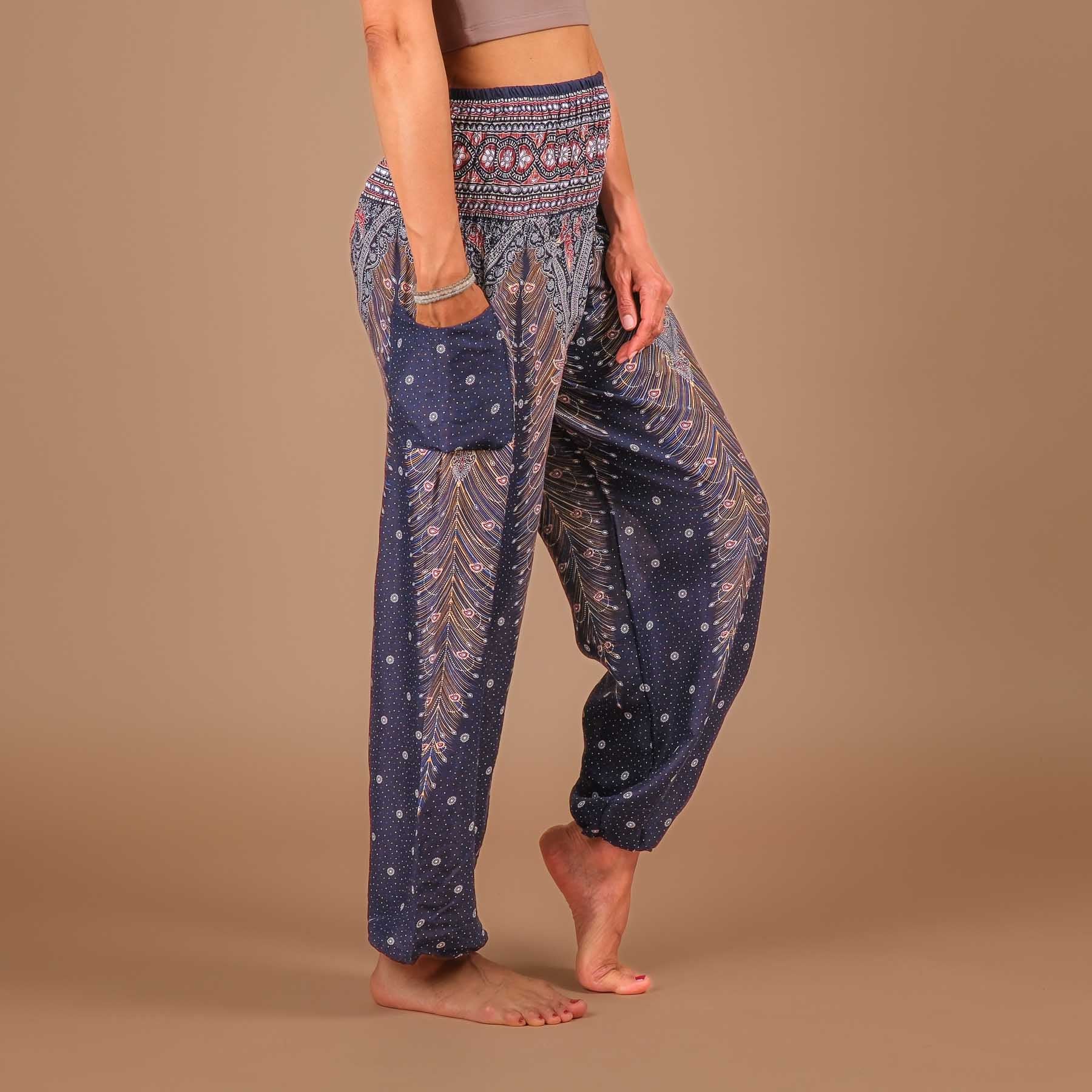 Pantaloni harem yoga blu piuma