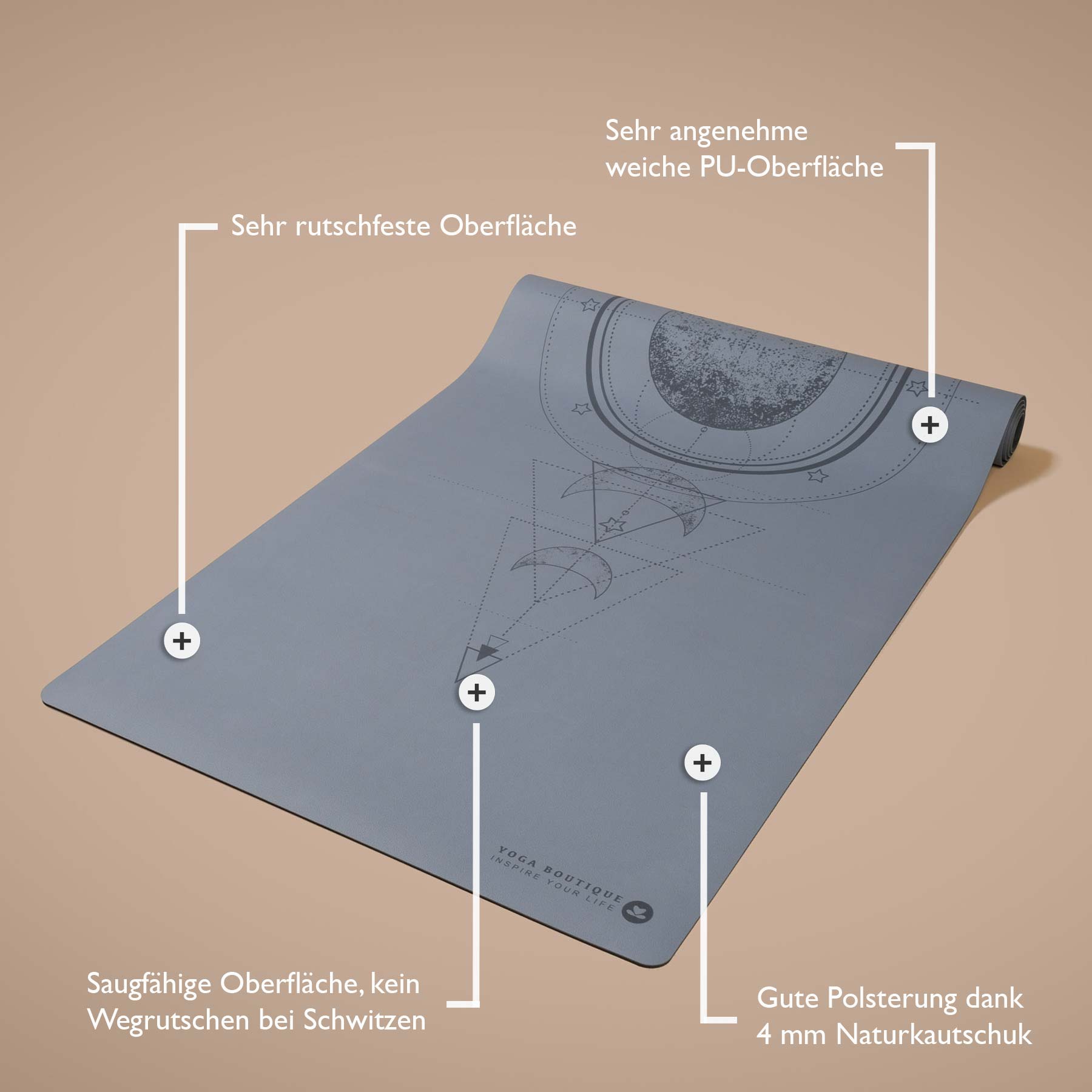 Tappetino yoga SuperGrip 2.0 Moon grigio-blu con linee guida per un corretto allineamento