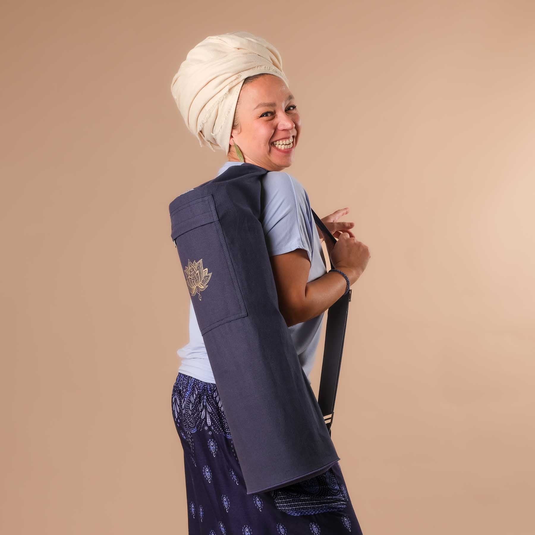 Borsa per tappetino yoga in cotone Lotus blu navy