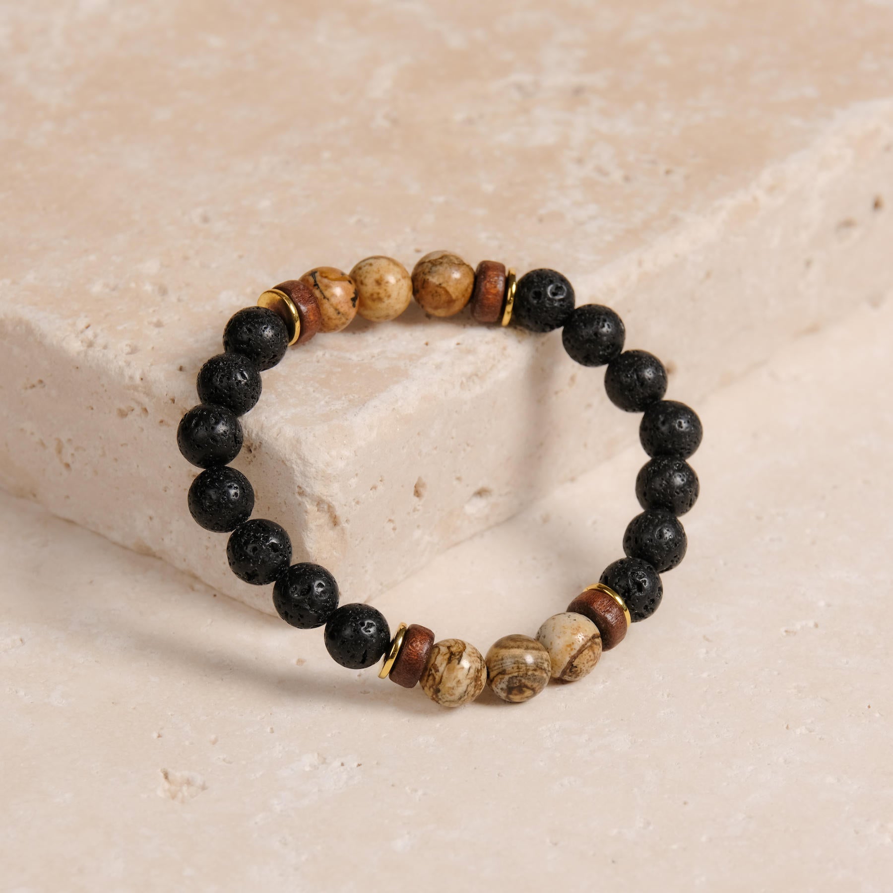 Bracciale di pietre dure Stability con pietra lavica, diaspro paesaggistico e legno