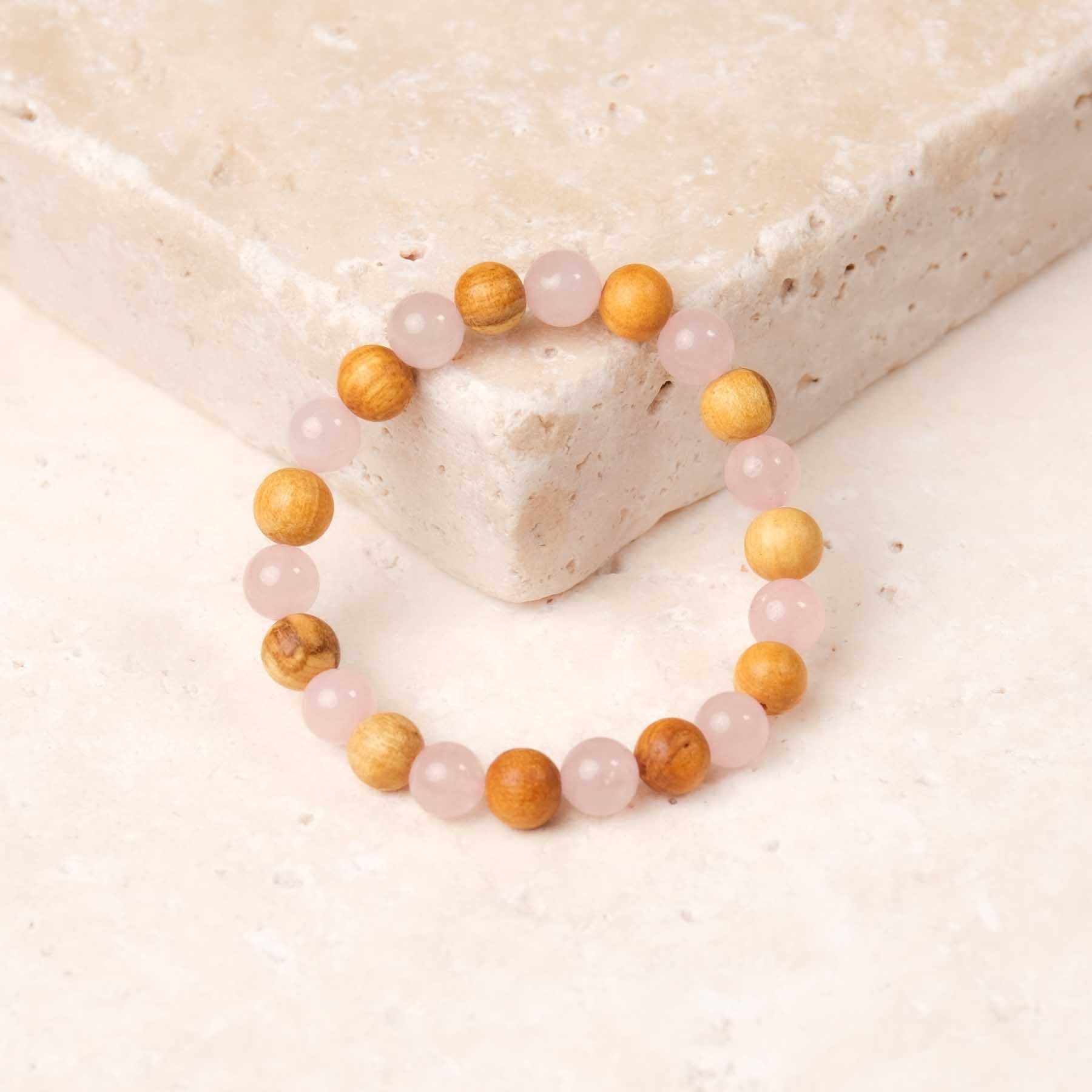 Bracciale di pietre preziose Quarzo rosa e Palo Santo 8 mm