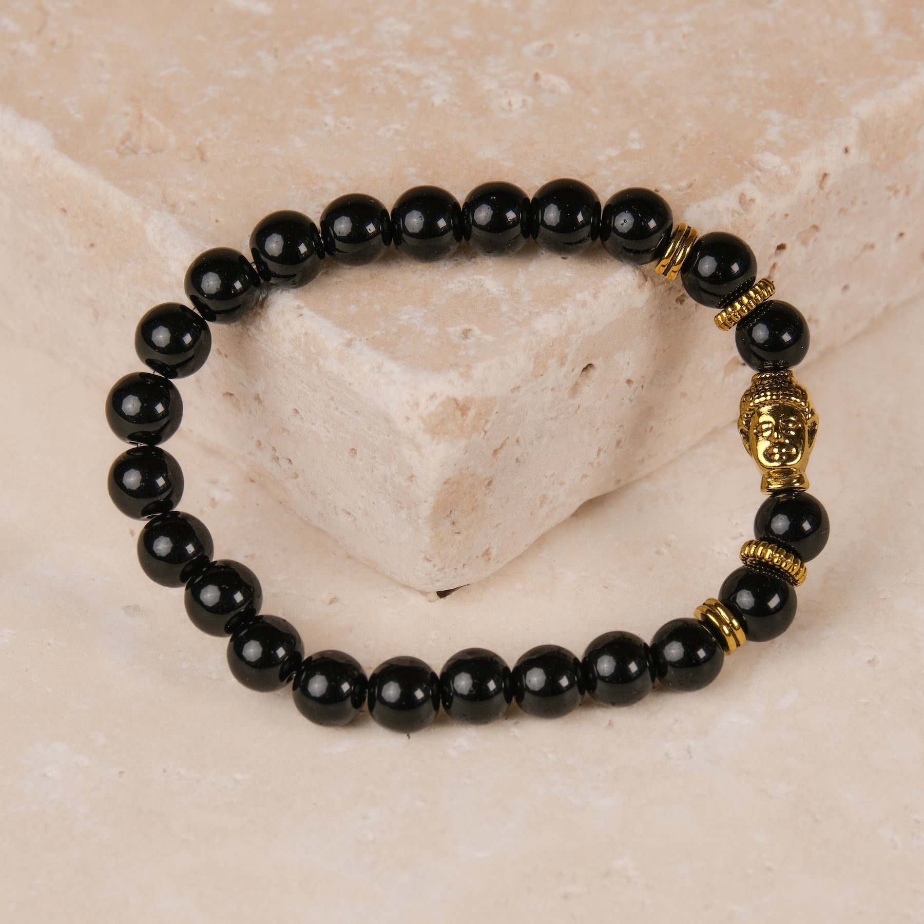 Bracciale di pietre preziose Buddha d'oro Agata nera