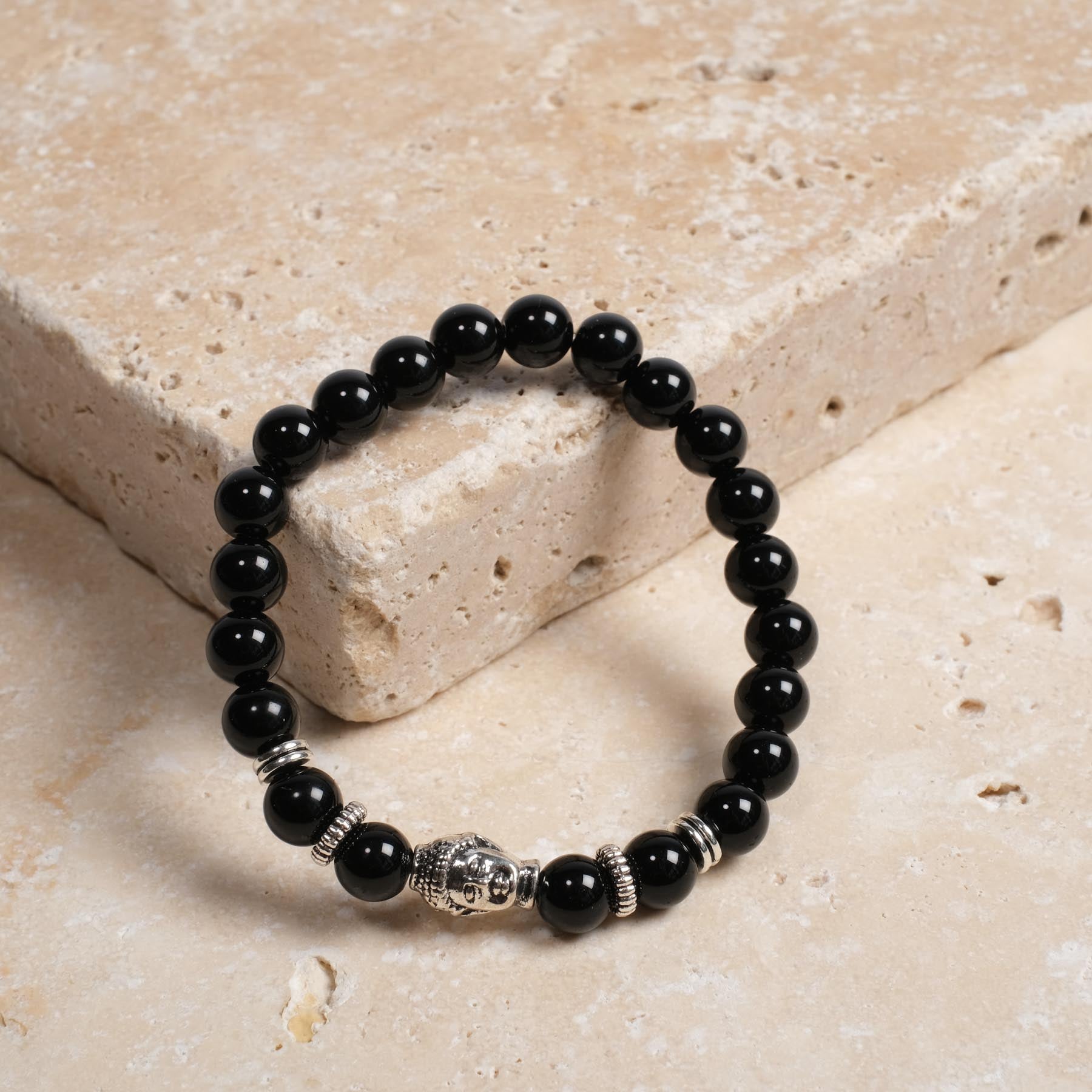 Bracciale di pietre preziose Buddha d'argento in agata nera