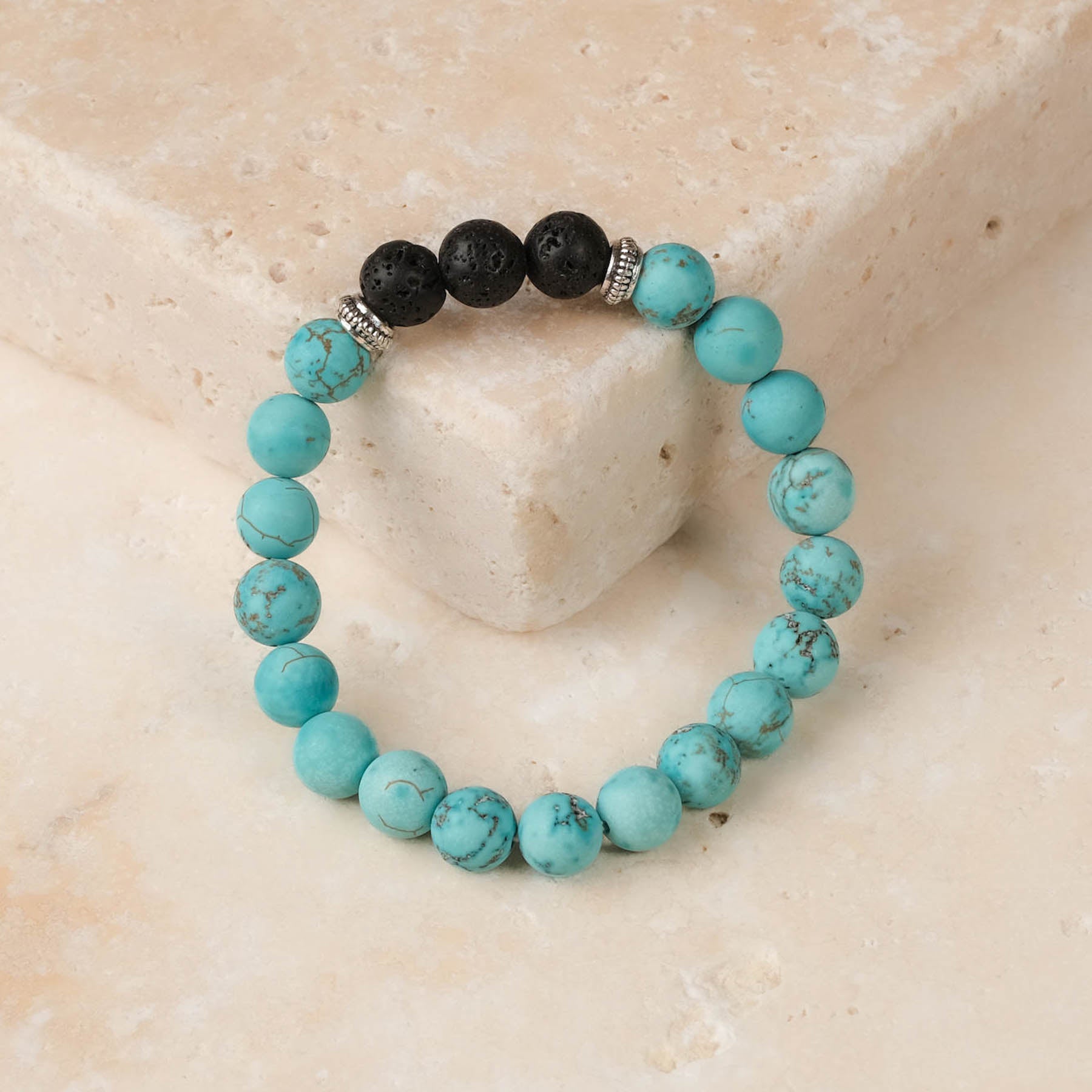 Bracciale di pietre preziose turchese e pietra lavica, taglio opaco, per donna e uomo