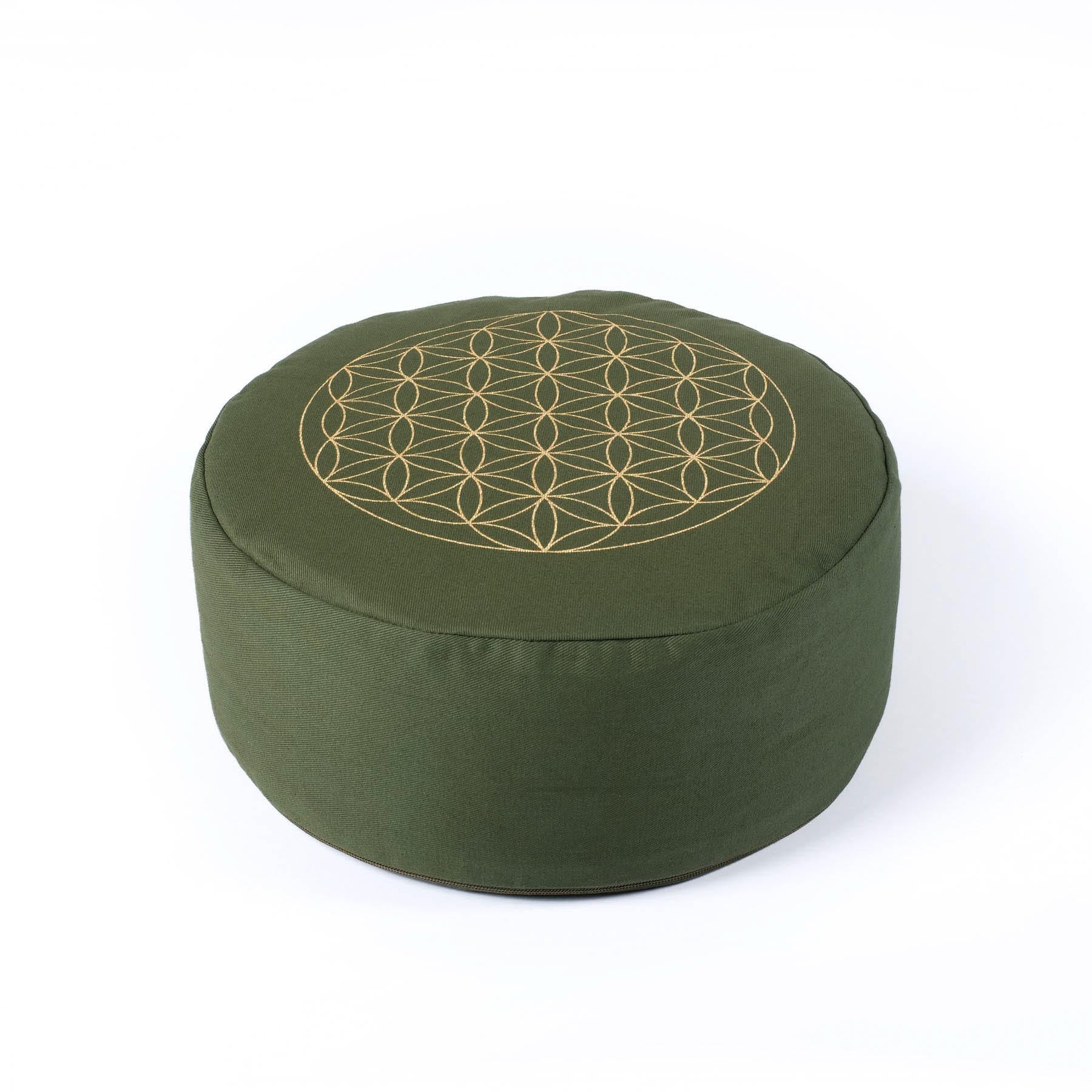 Cuscino da meditazione rotondo Fiore della vita stampa oro verde oliva