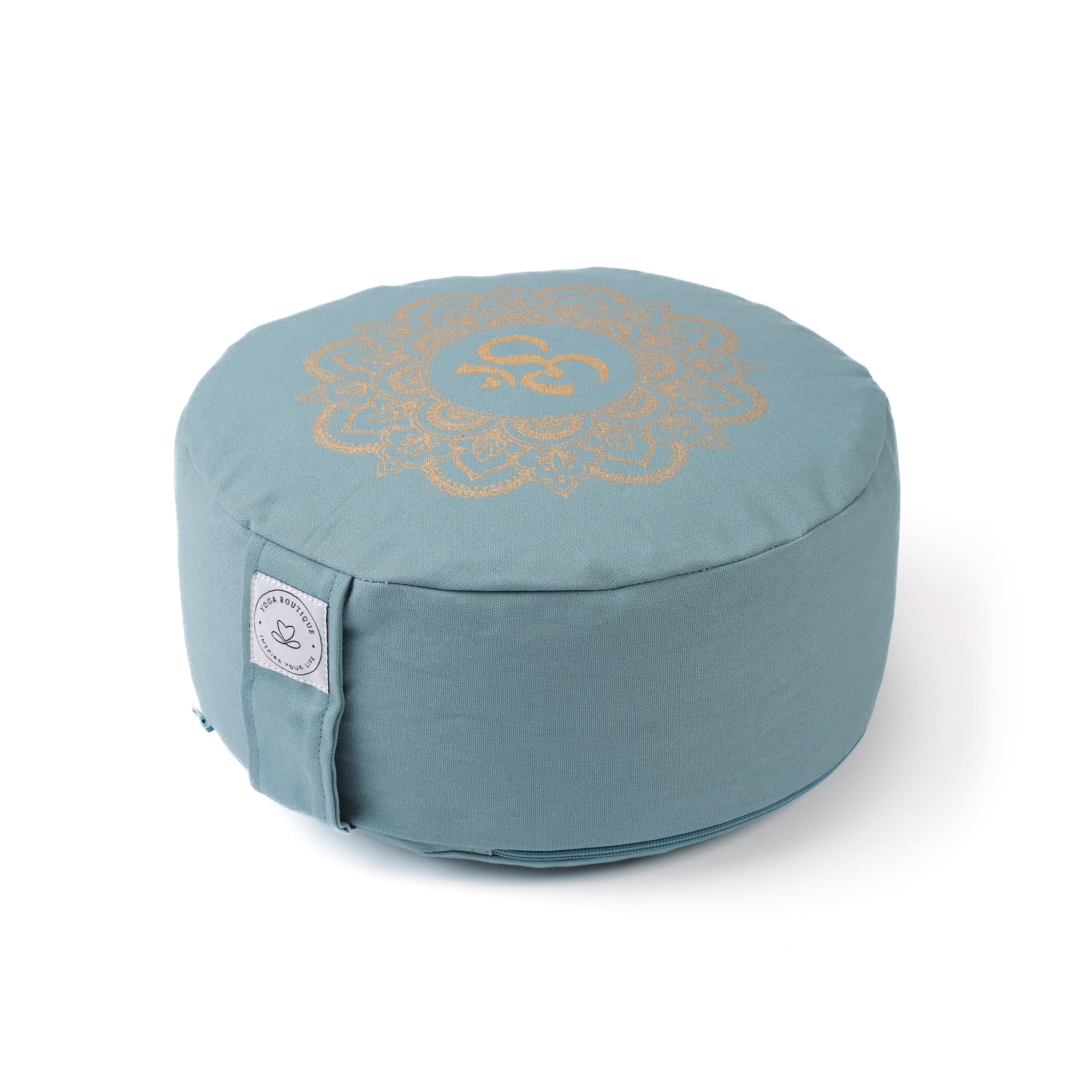 Cuscino da meditazione Mandala rotondo OM oro Stampa verde-acqua