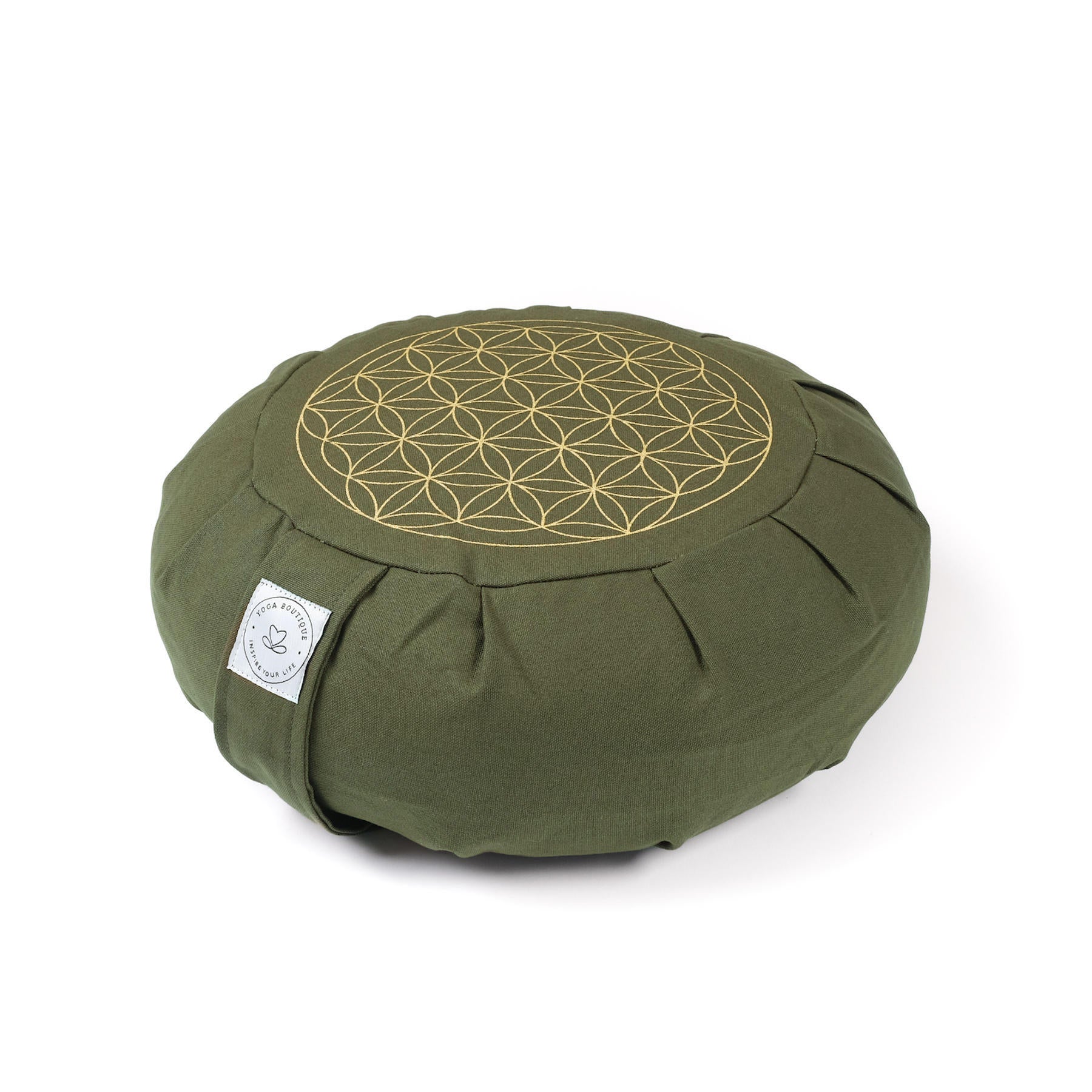 Cuscino da meditazione Zafu Fiore della Vita verde oliva