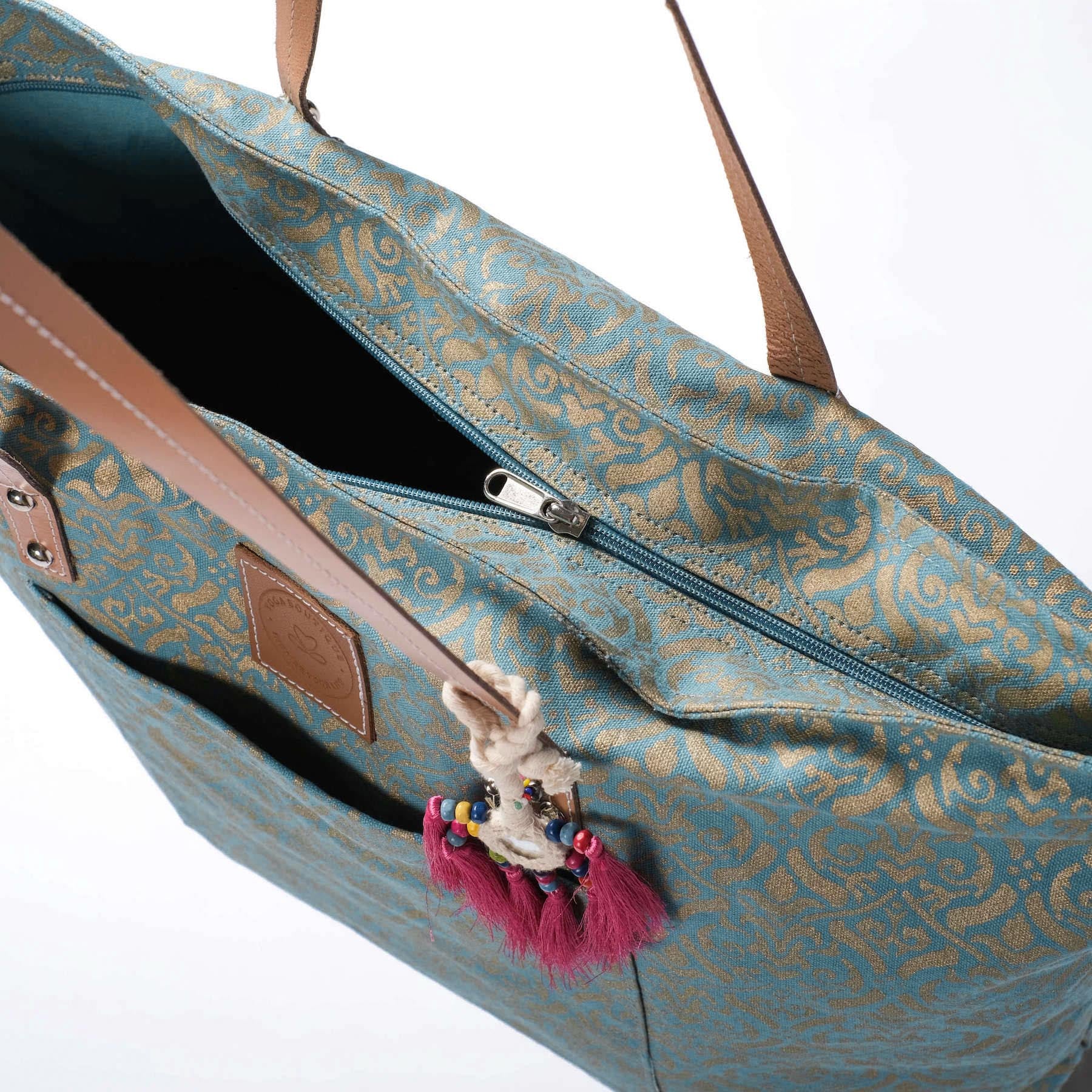 Borsa yoga Taj Mahal in cotone organico con stampa a blocchi dorati verde-acqua