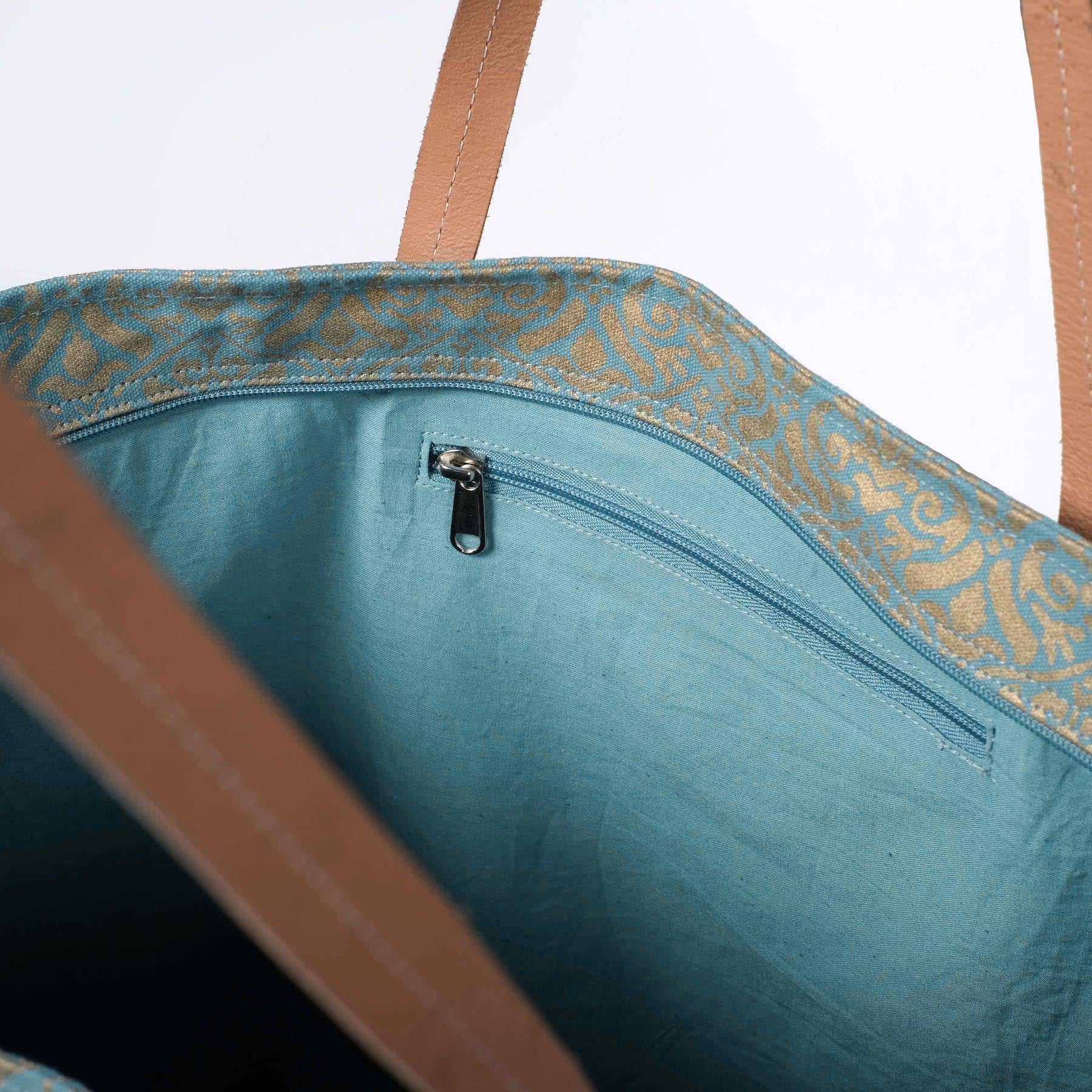 Borsa yoga Taj Mahal in cotone organico con stampa a blocchi dorati verde-acqua