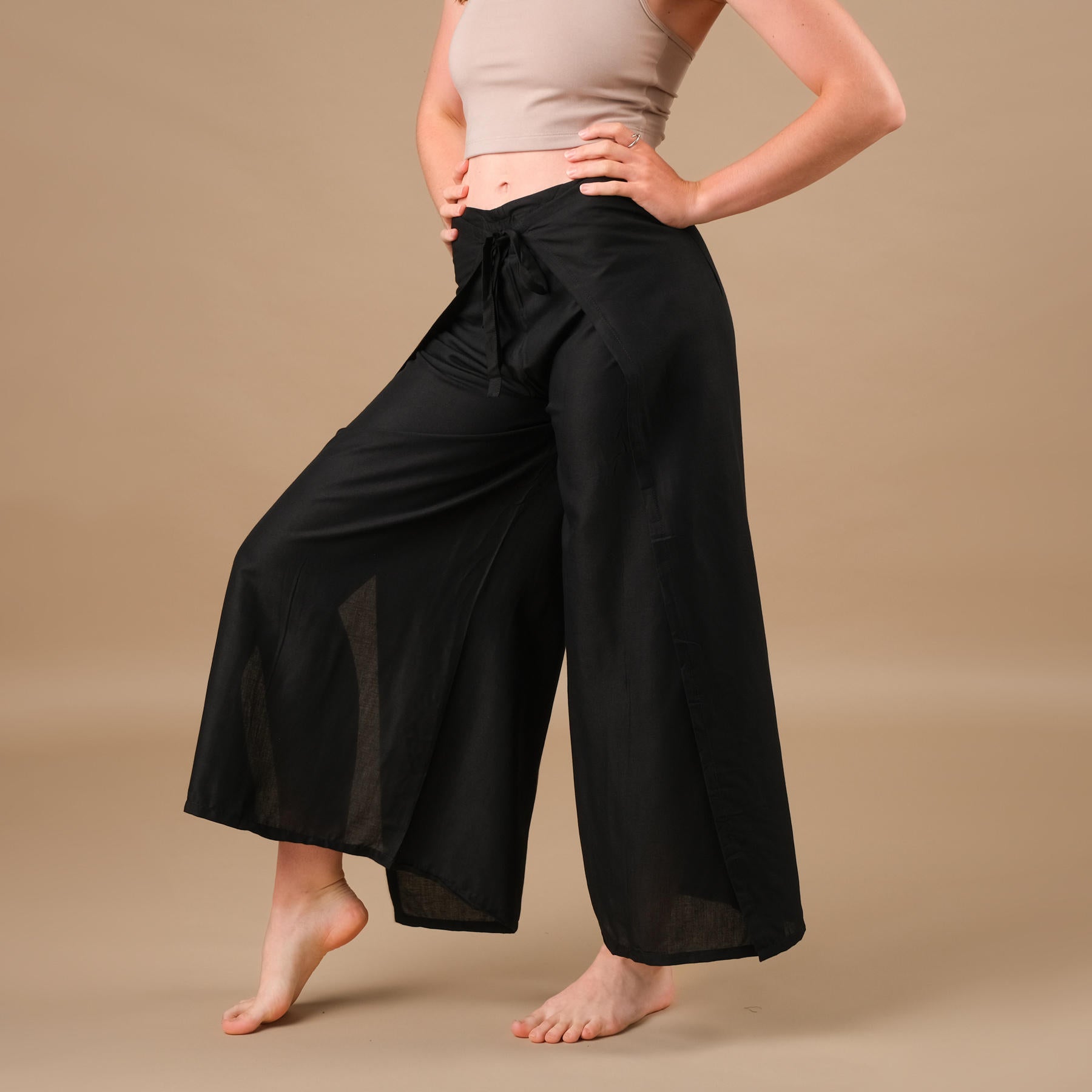 Pantaloni Palazzo Wrap tinta unita neri, pantaloni estivi leggeri e ariosi