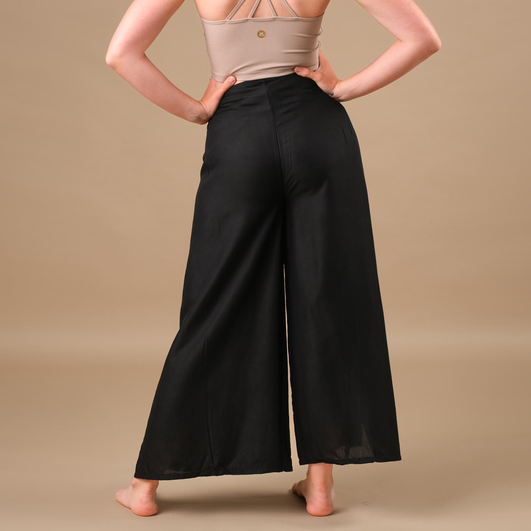 Pantaloni Palazzo Wrap tinta unita neri, pantaloni estivi leggeri e ariosi