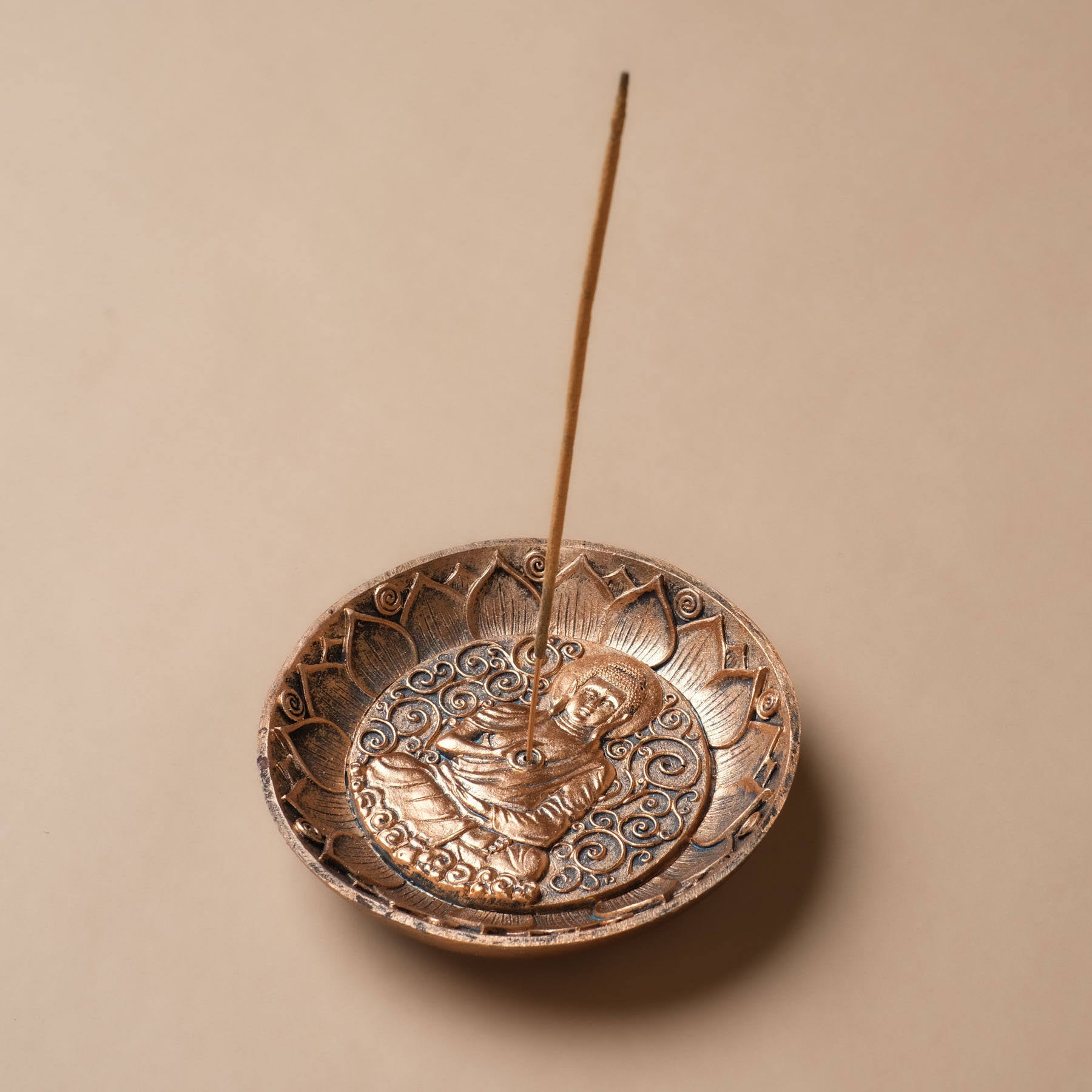 Portaincenso Buddha rotondo con simbolo del loto color bronzo