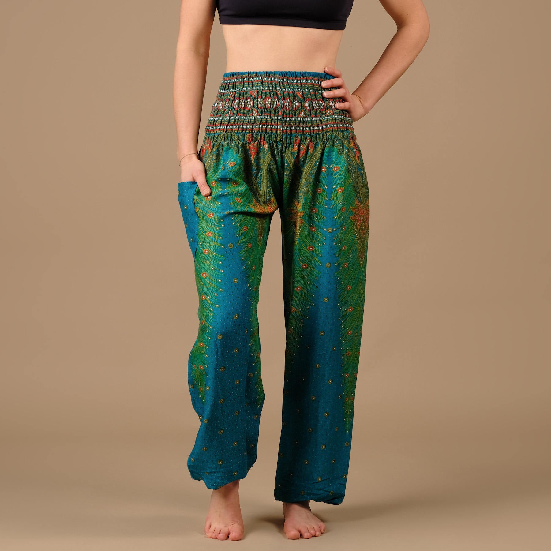 Pantaloni harem yoga verde piuma