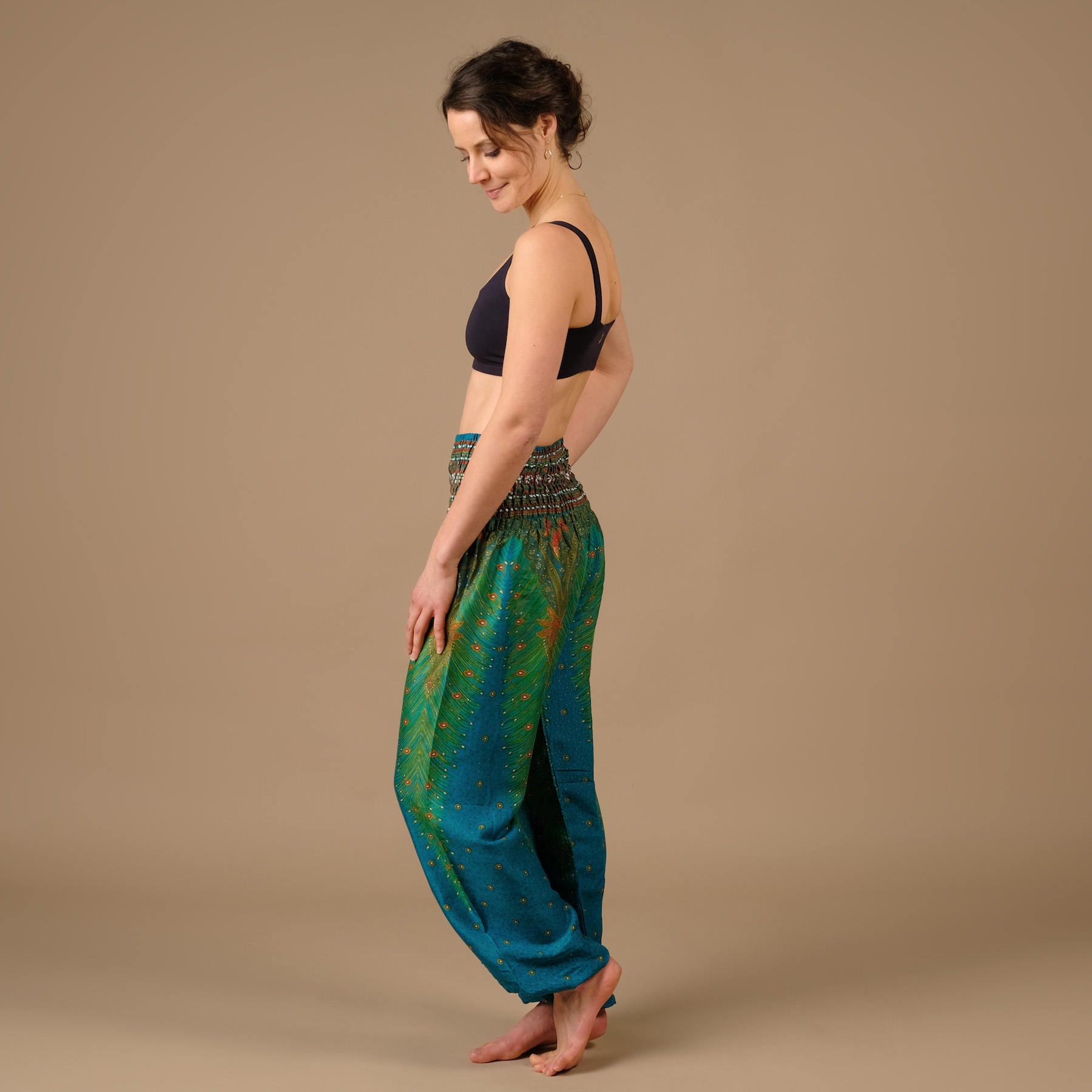 Pantaloni harem yoga verde piuma