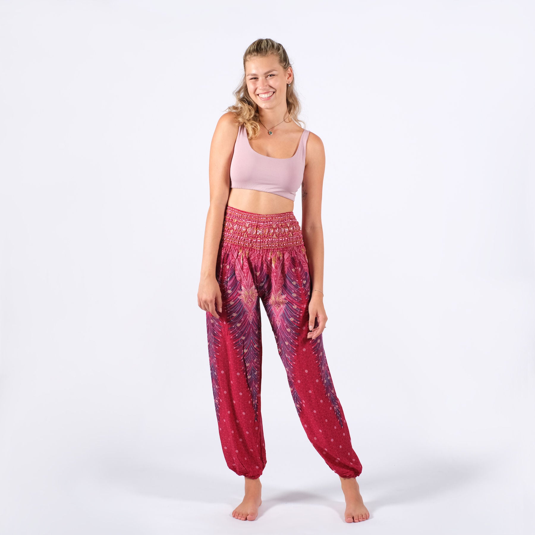 Pantaloni harem yoga rosso piuma