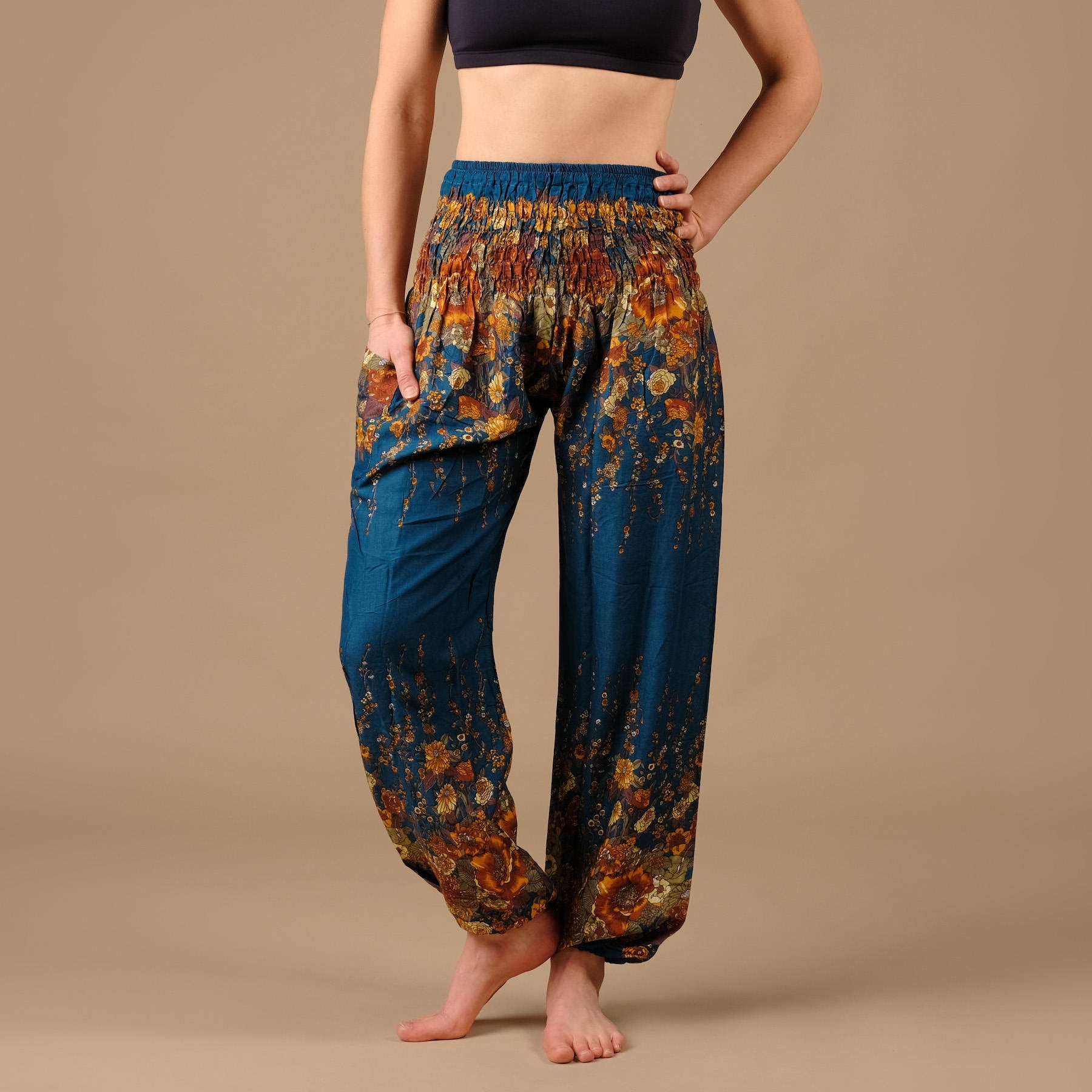 Pantaloni harem yoga blu piuma