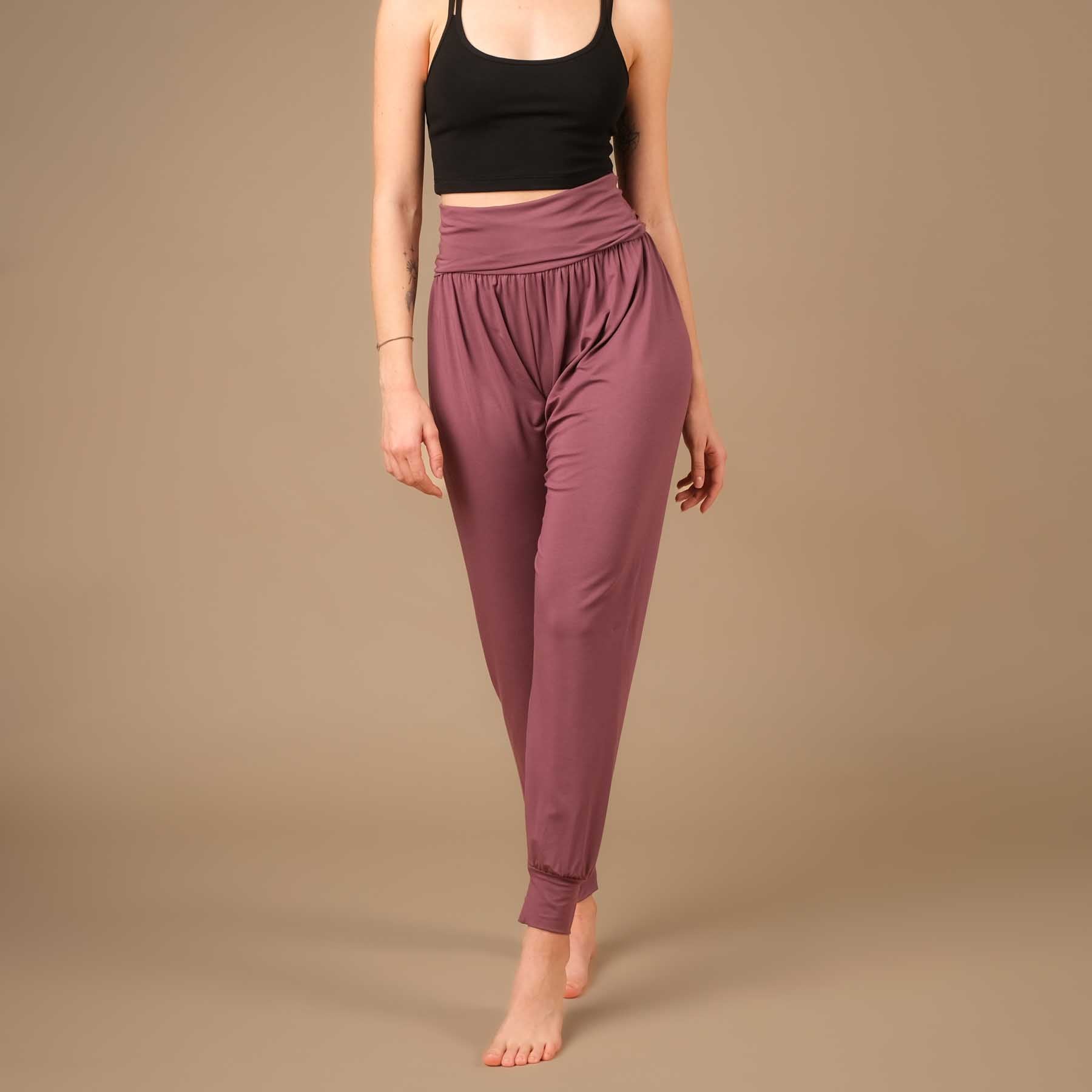 Pantaloni yoga Taj Mahal lunghi sostenibili made in Switzerland melanzana