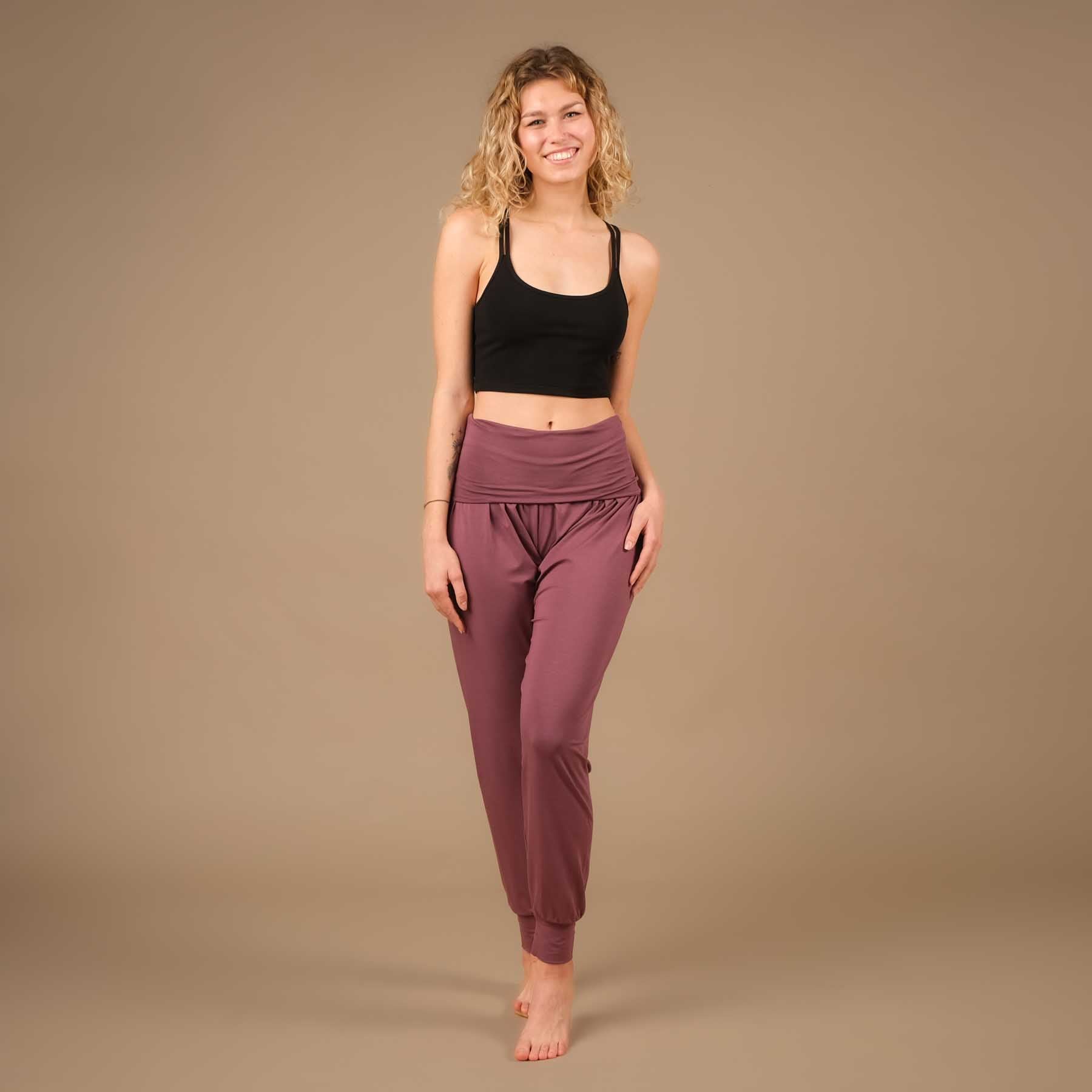 Pantaloni yoga Taj Mahal lunghi sostenibili made in Switzerland melanzana