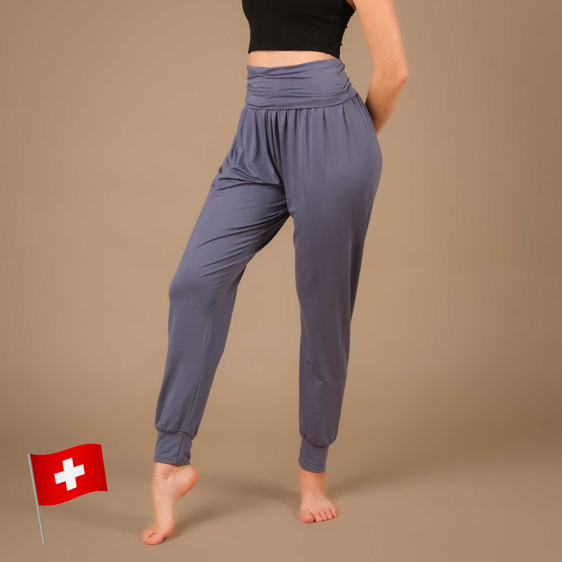 Pantaloni da yoga lunghi Taj Mahal, realizzati in modo sostenibile in Svizzera, colore grigio blu
