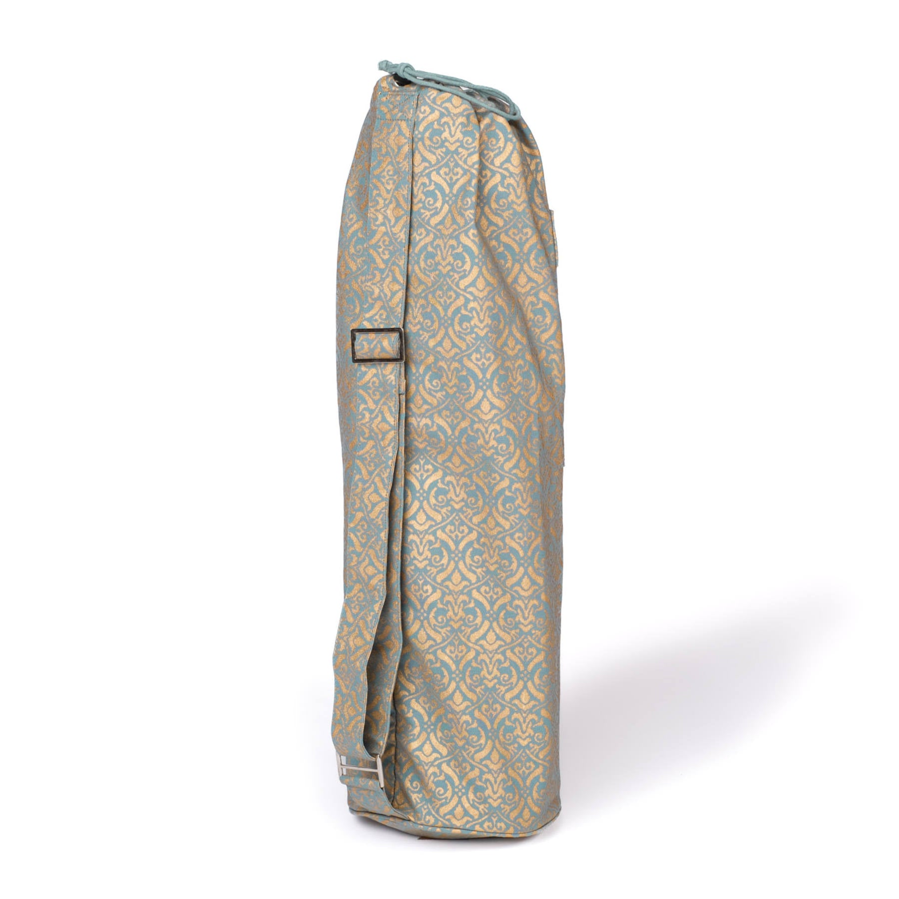 Borsa per tappetino da yoga in cotone biologico con stampa a blocchi dorati verde-acqua