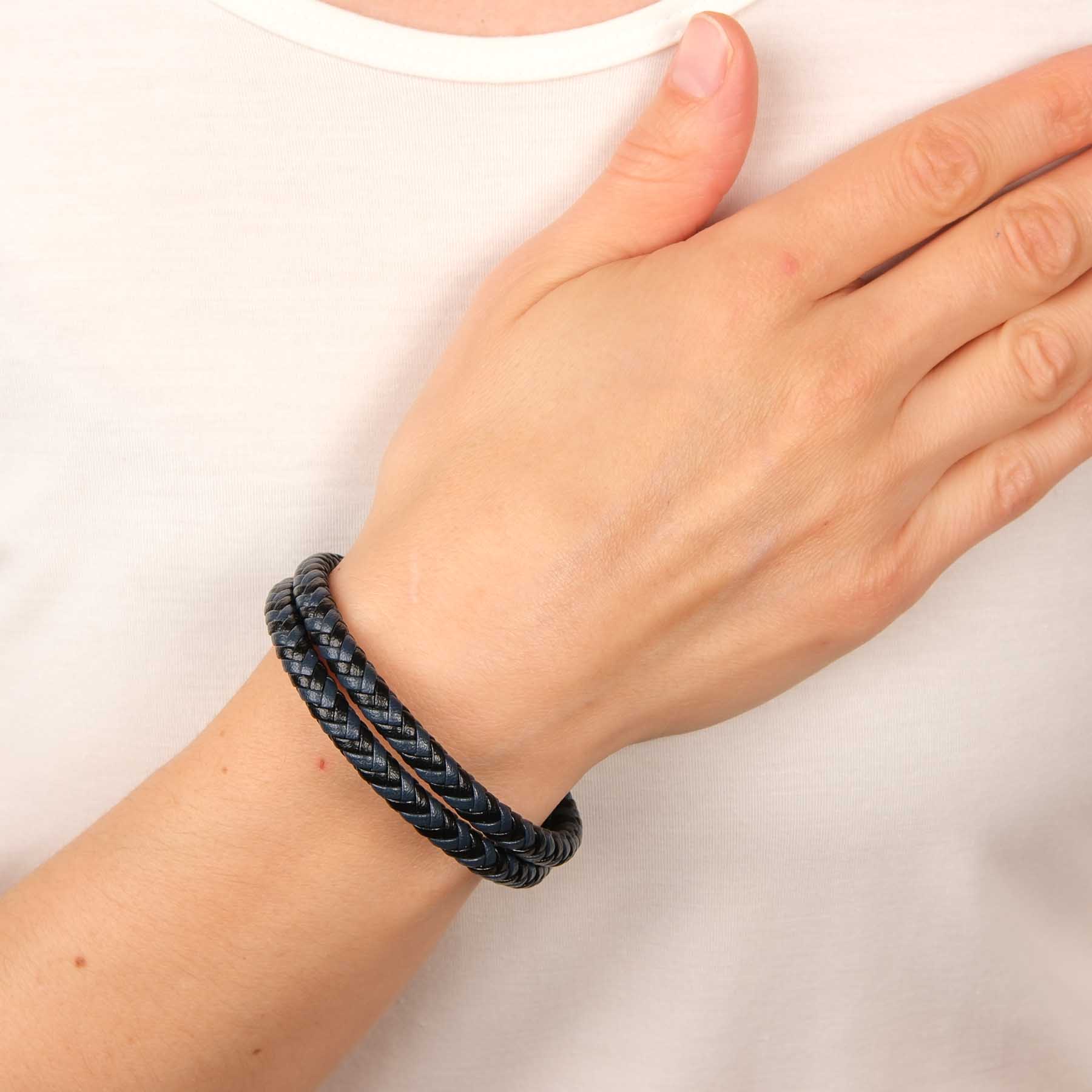 Bracciale in pelle a doppio intreccio grigio-nero