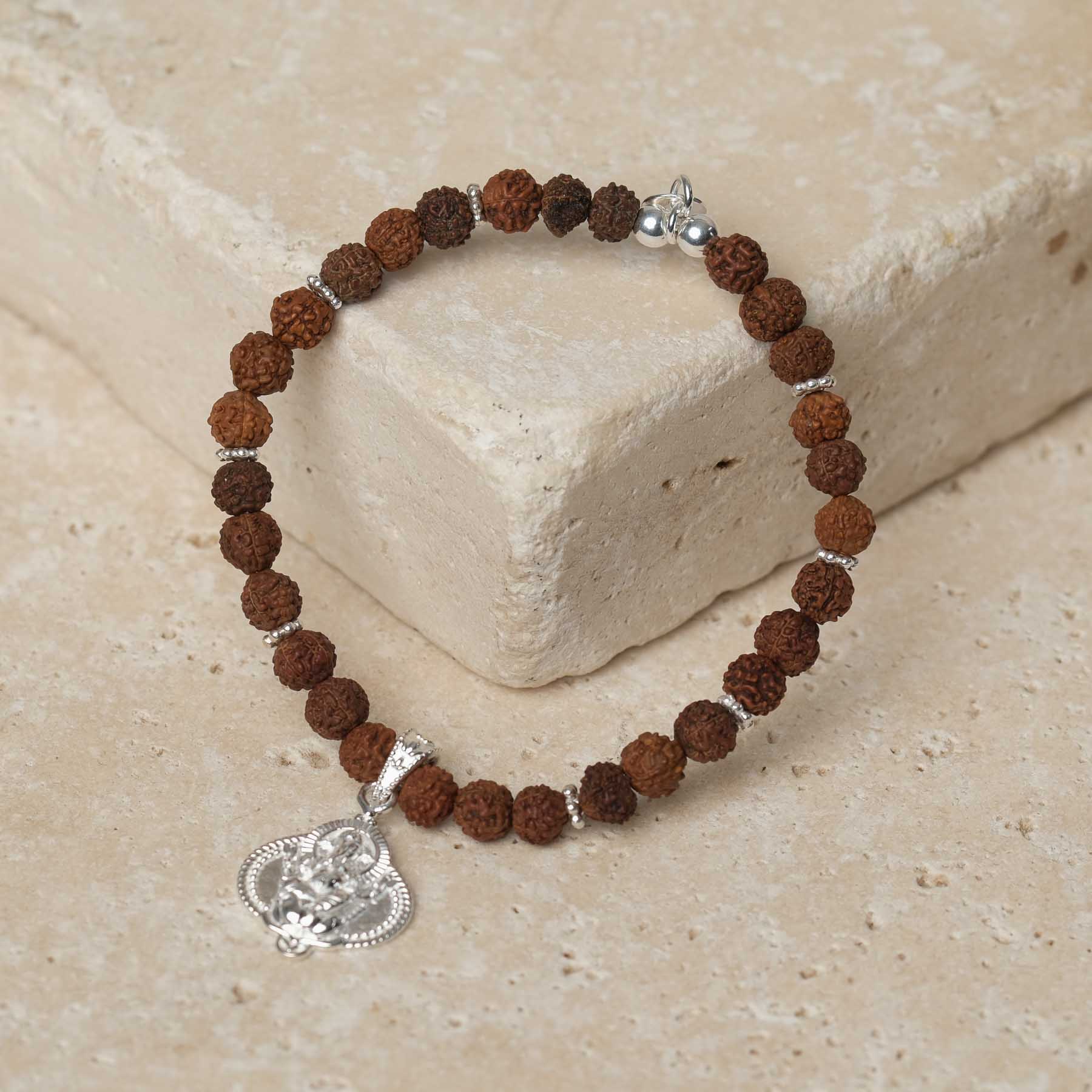 Bracciale Ganesh con perline Rudraksha argento