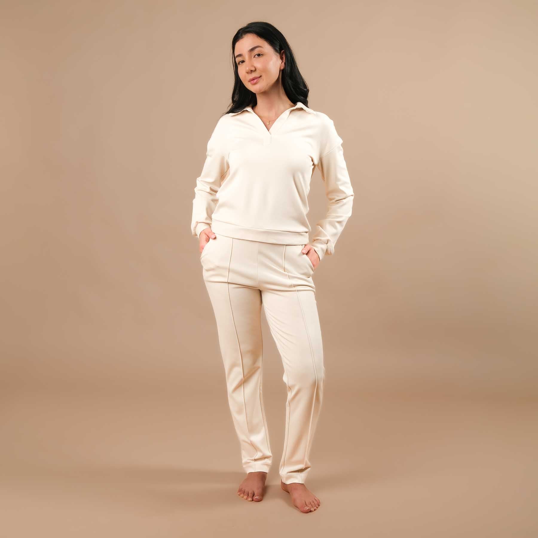 Pantaloni business jogger da donna - pantaloni business elasticizzati con piping ecru